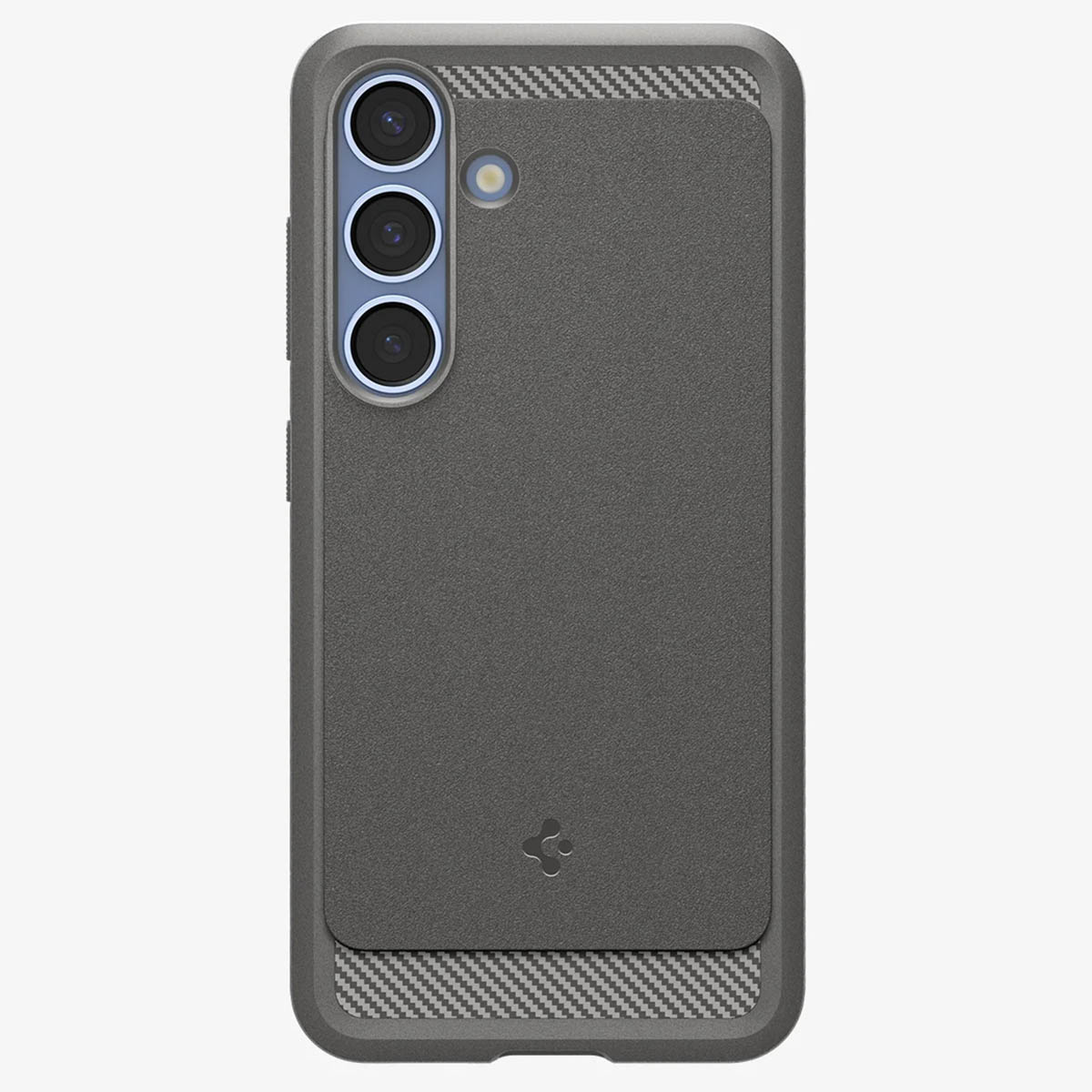 Coque grise avec découpes caméra et dos texturé. Logo Spigen.