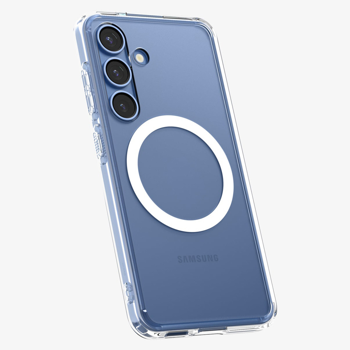 Coque transparente sur téléphone bleu. Anneau magnétique blanc.