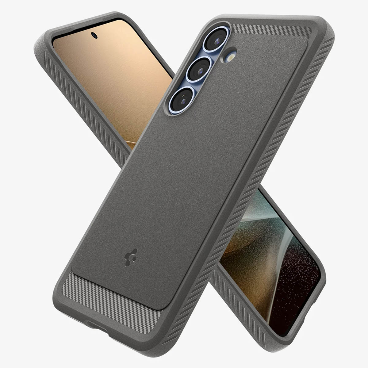 Deux étuis de téléphone, gris et noir, se croisent. Écran de téléphone visible.