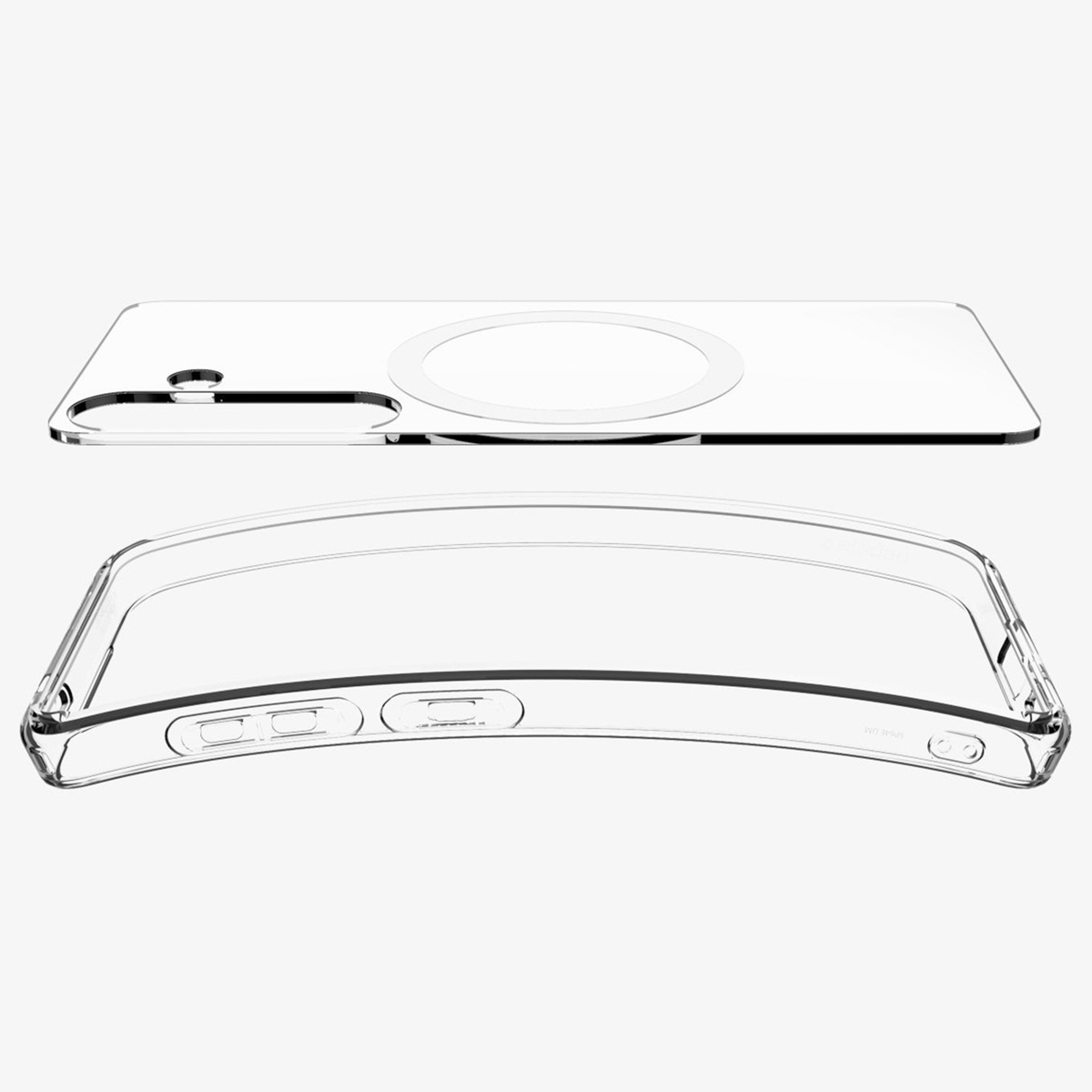 Composants de coque de téléphone transparente : dos, cadre et dessus transparent.