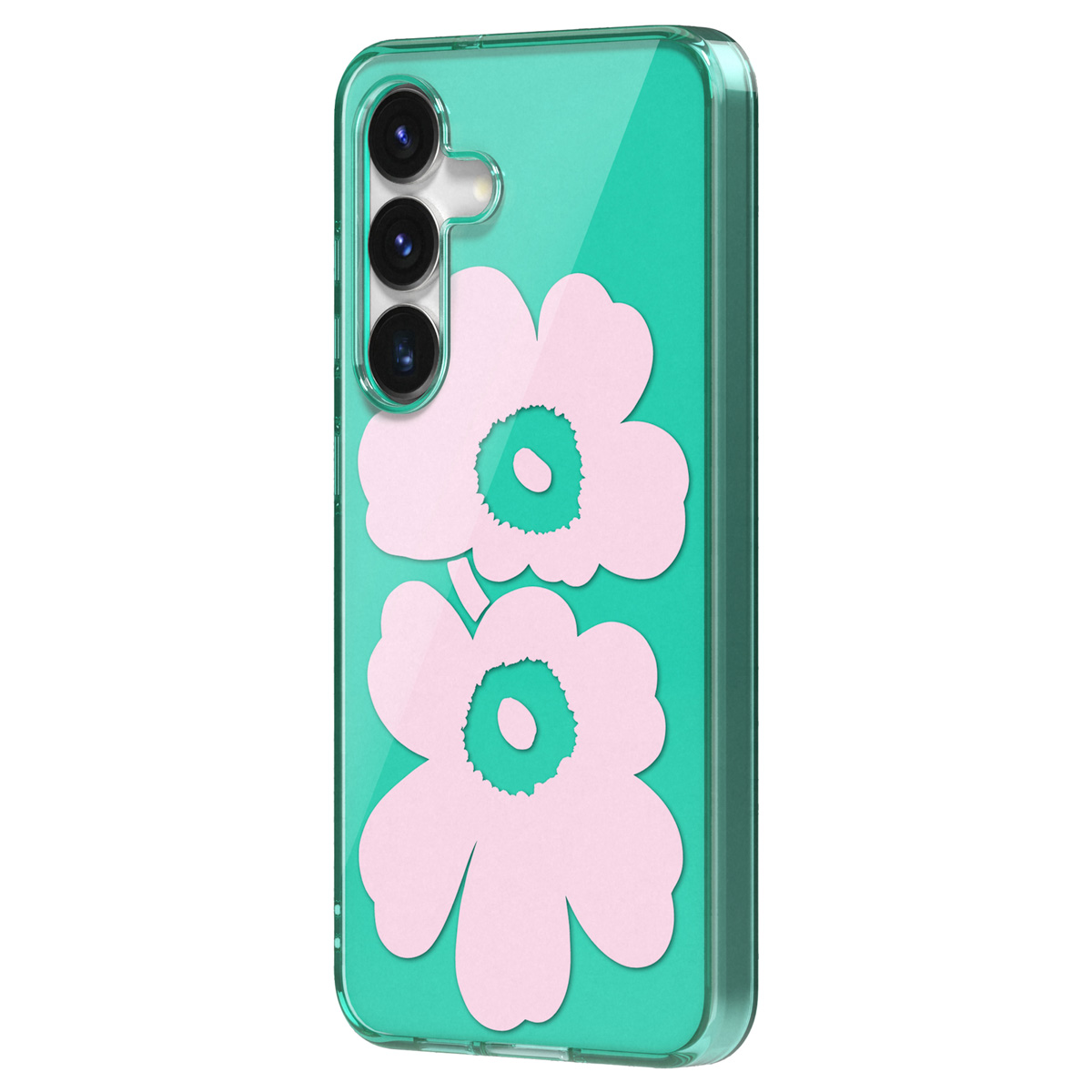 Custodia per telefono con fiori rosa. Sfondo verde.