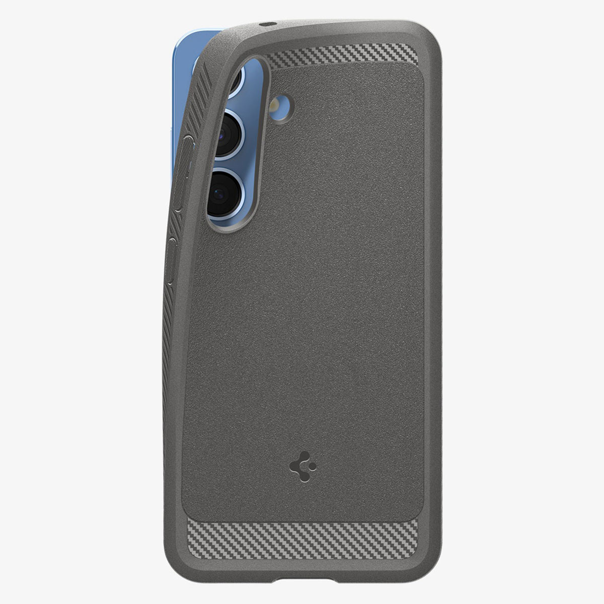 Coque de téléphone gris foncé sur un téléphone, avec dos texturé et cadre noir.