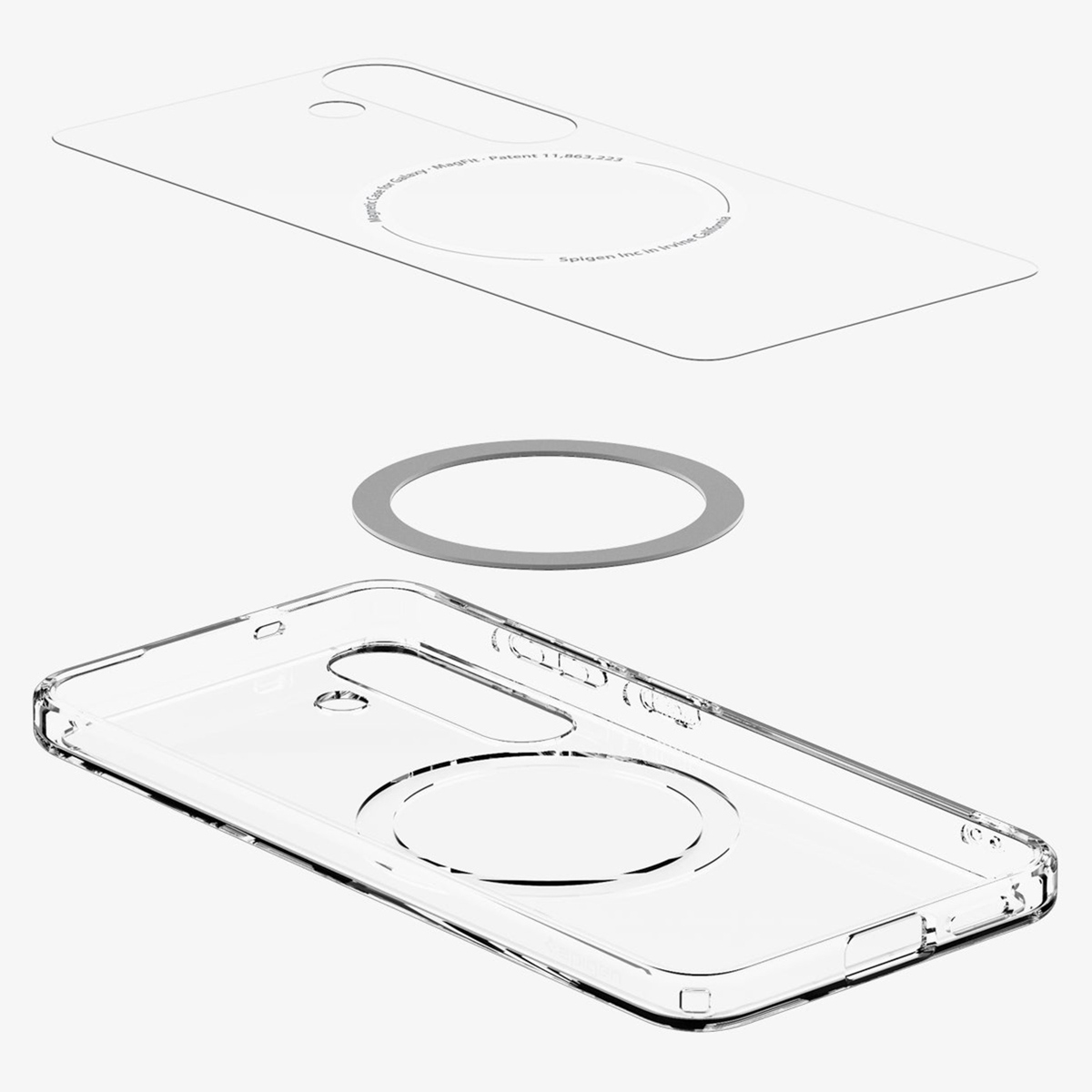Coque de téléphone transparente avec anneau magnétique et plaque arrière séparée. Les pièces sont disposées.