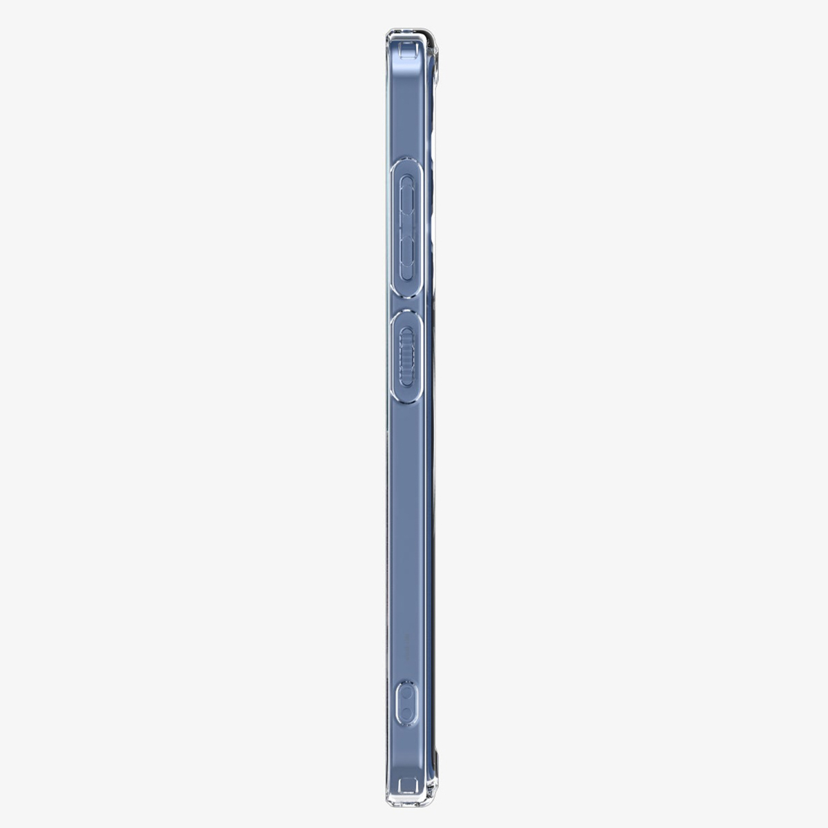 Vue latérale d'une coque de téléphone transparente avec boutons sur fond blanc.