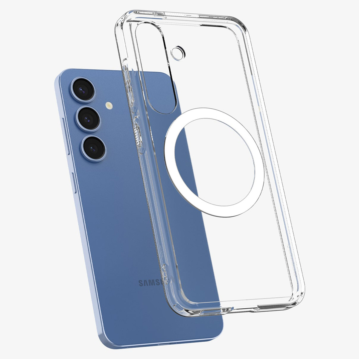 Un étui de téléphone transparent sur un téléphone bleu avec trois lentilles de caméra et un anneau blanc.