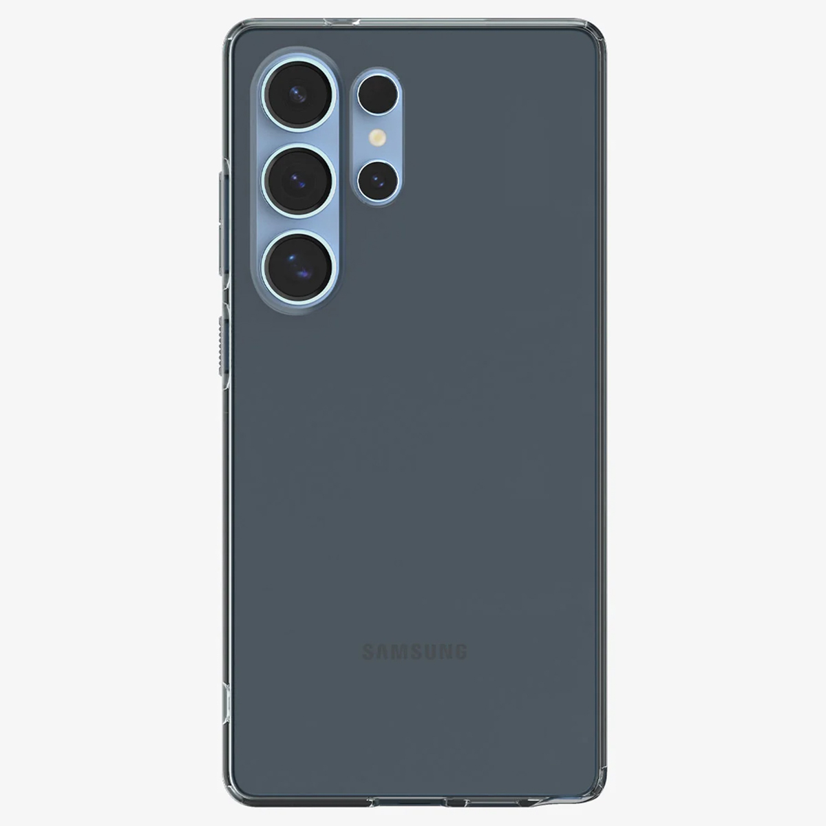 L'arrière d'un téléphone gris avec plusieurs lentilles de caméra et un étui transparent.