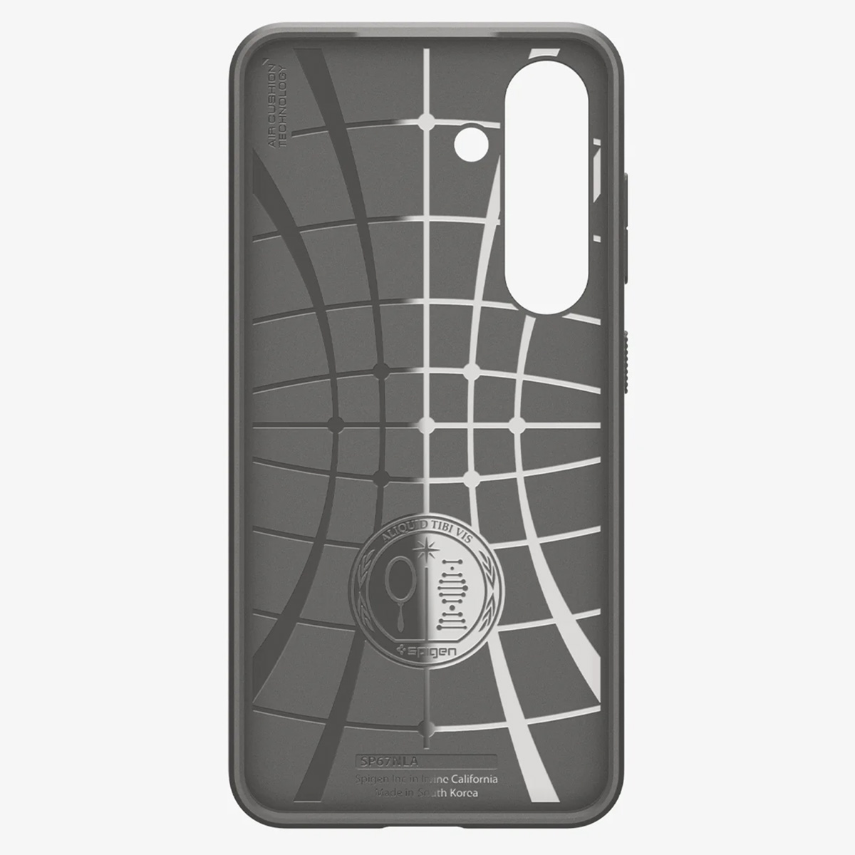 Donkergrijze telefoonhoes met een geometrisch patroon.