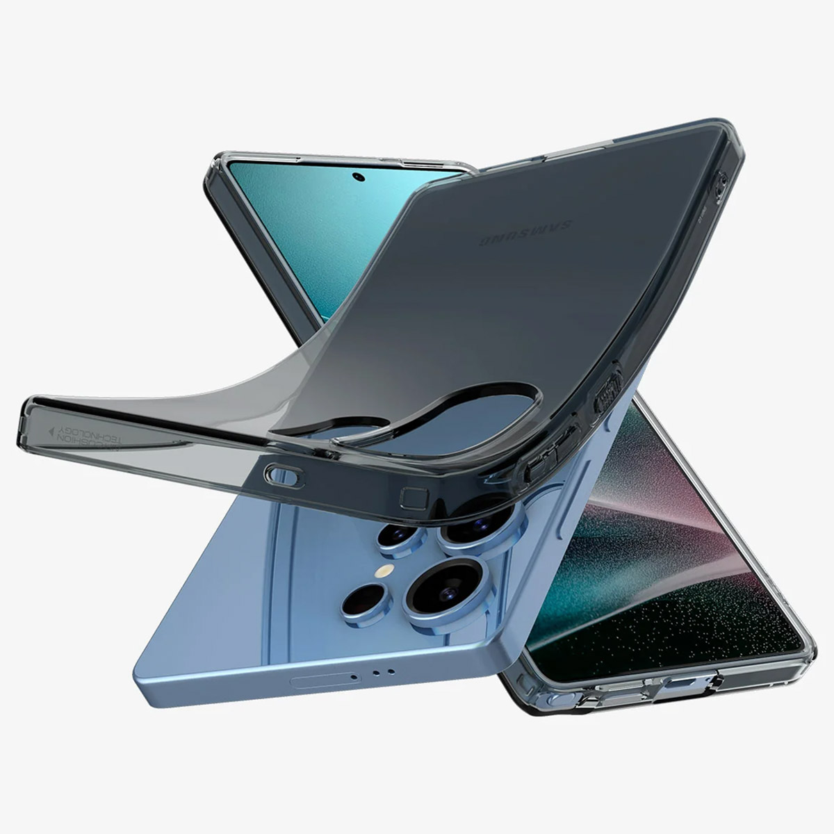 Deux téléphones dans des coques. L'un est bleu, l'autre transparent. Les deux ont le logo Samsung.