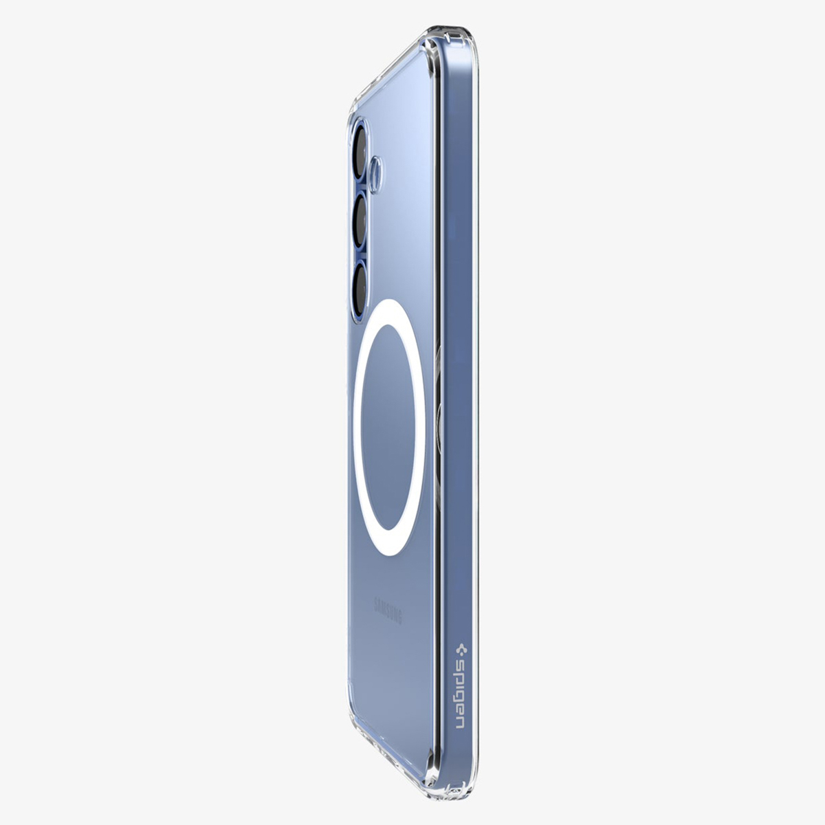 Coque de téléphone bleue avec cercle blanc au dos. Vue latérale. Fond blanc.