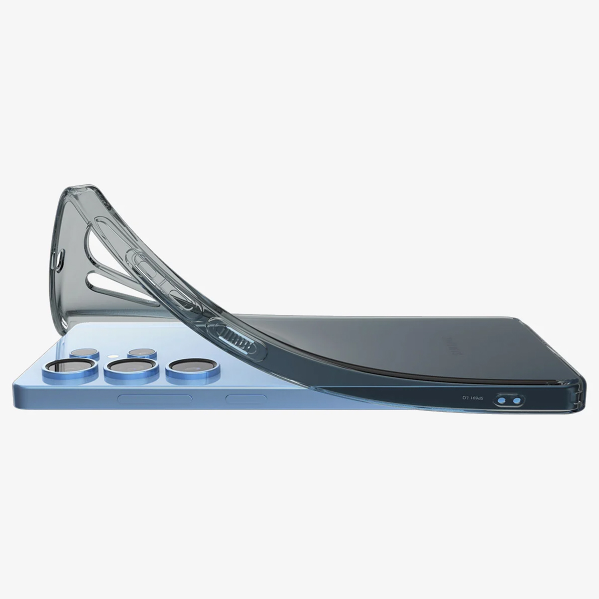 Un téléphone avec une coque transparente dessus, montrant l'arrière du téléphone.