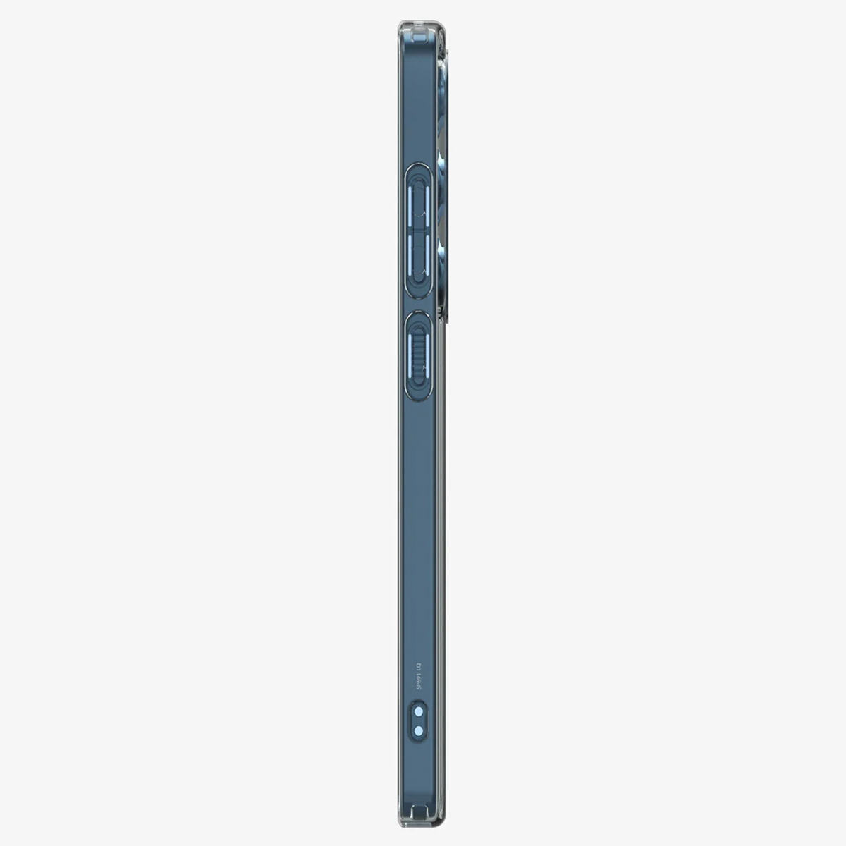Vue latérale d'un téléphone dans un étui transparent. Boutons visibles sur le côté.