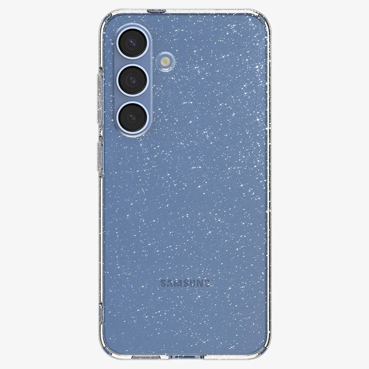 Coque de téléphone bleue recouverte de paillettes argentées.