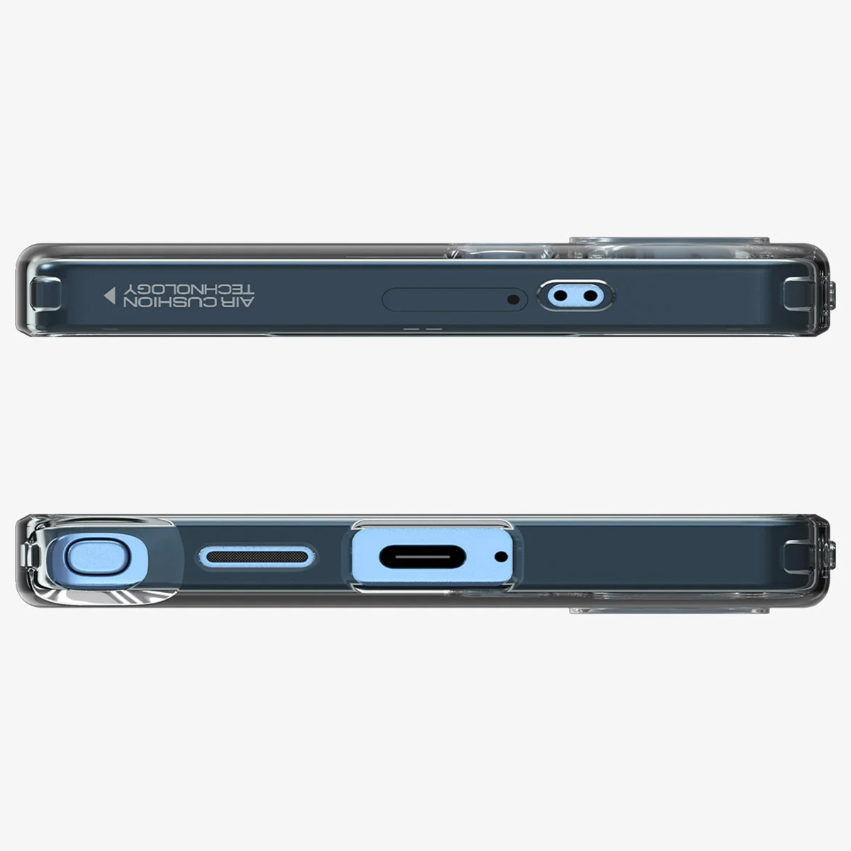 Vue de dessous de la coque du téléphone, avec port de charge et détails de la technologie.