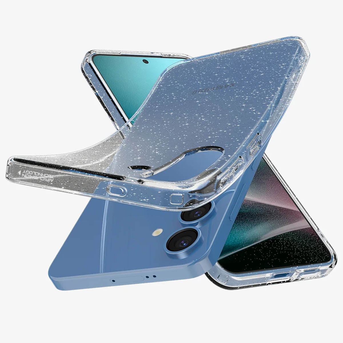 Deux téléphones, dont un dans un étui transparent, sont présentés. Le téléphone bleu est en bas.