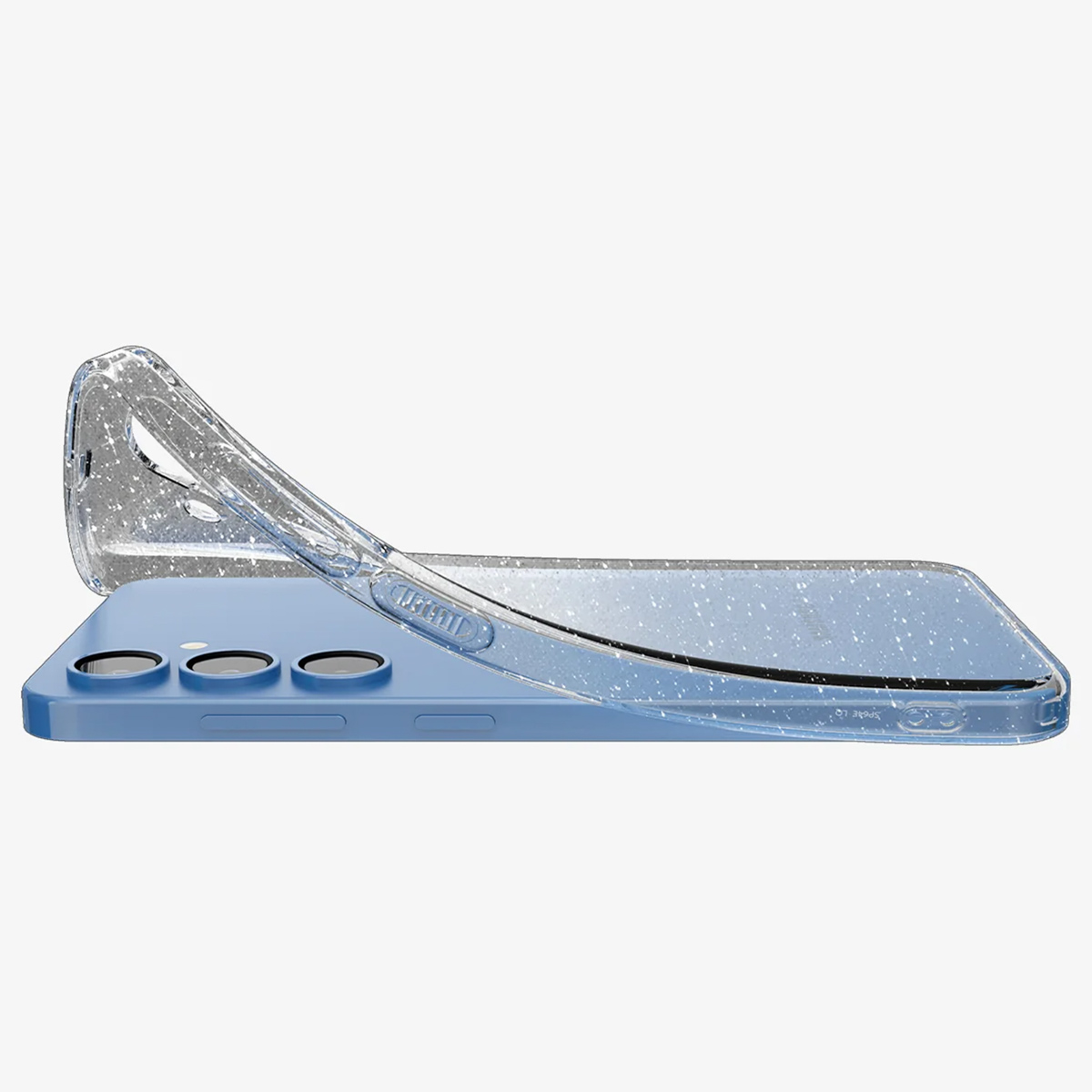 Téléphone bleu avec coque transparente à paillettes. Sur une surface blanche.