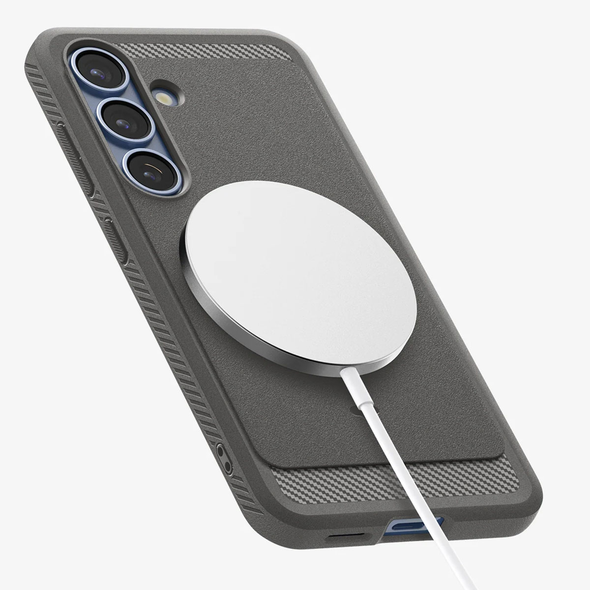 Coque de téléphone grise avec un cercle blanc. Câble blanc connecté au téléphone. Fond blanc.