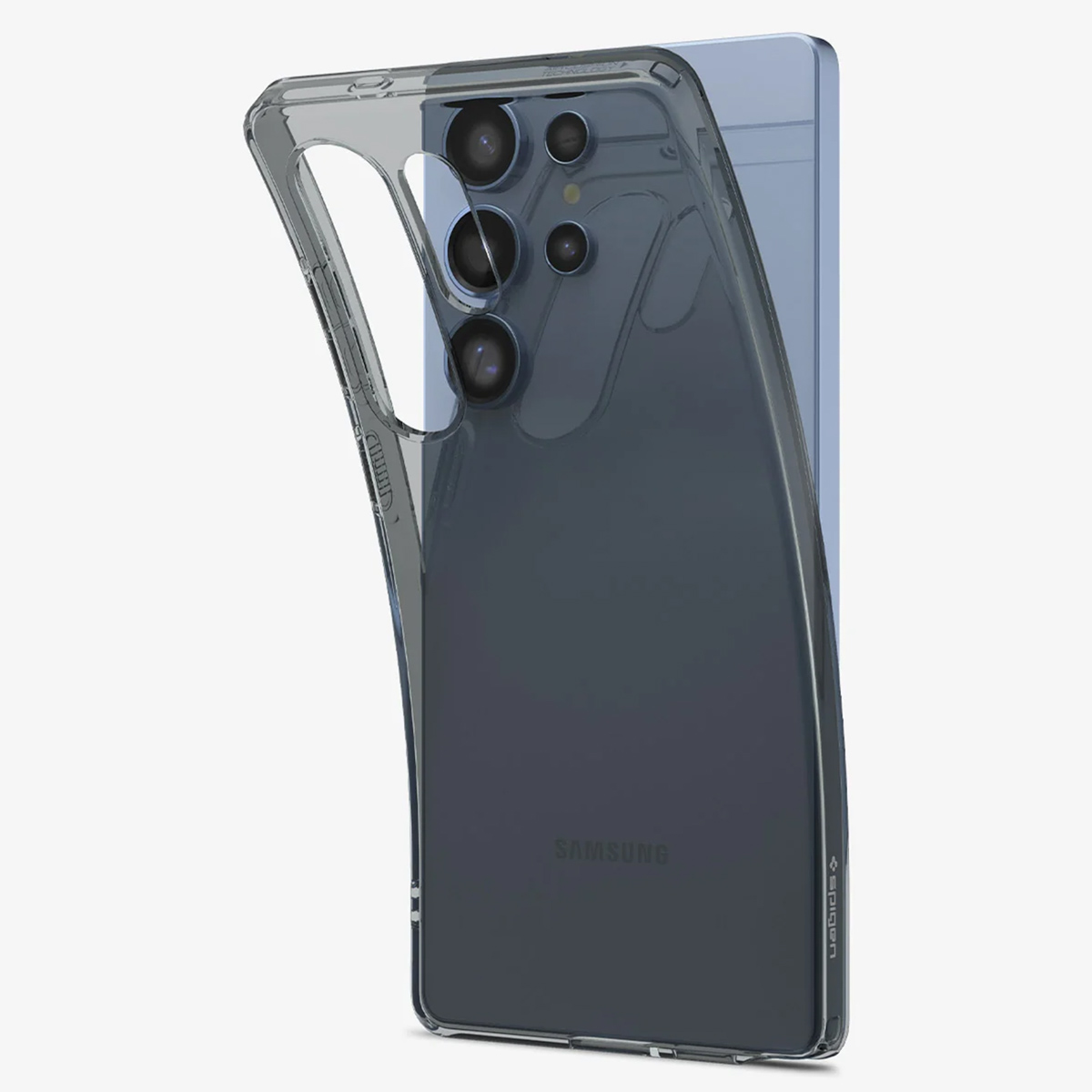 Téléphone dans une coque transparente, avec des lentilles de caméra visibles et un dos bleu. La coque est légèrement pliée.