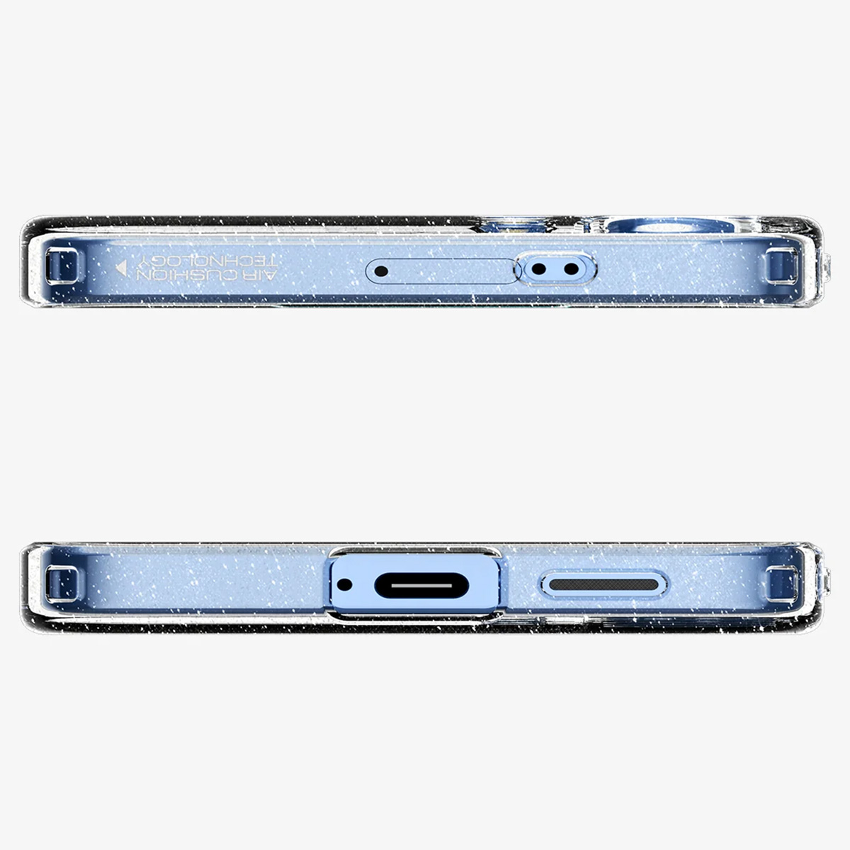Téléphone, coque transparente, vue de dessous, montrant les ports de charge et haut-parleur.