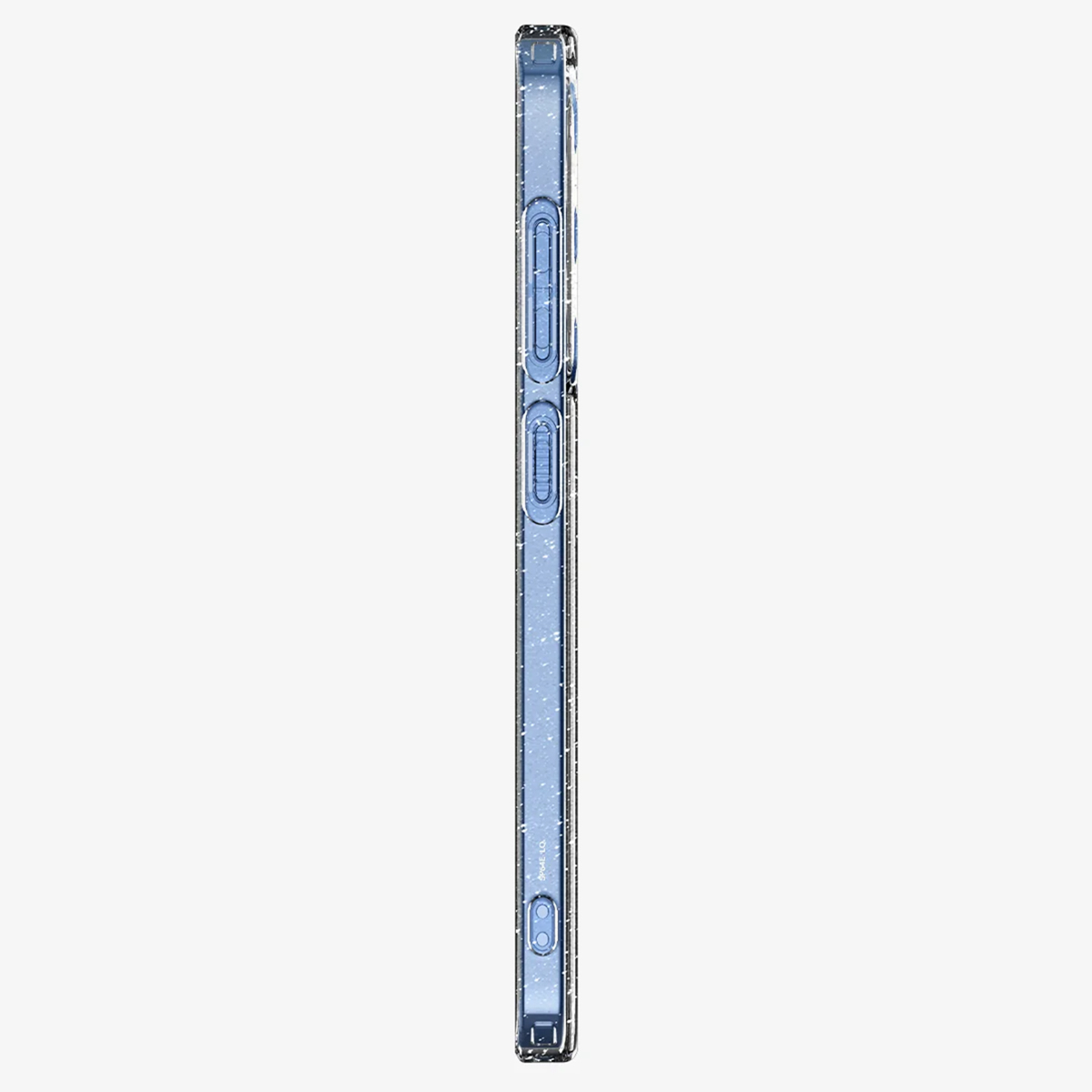 Vue latérale d'un téléphone bleu. Boutons et ports visibles. Coque transparente.