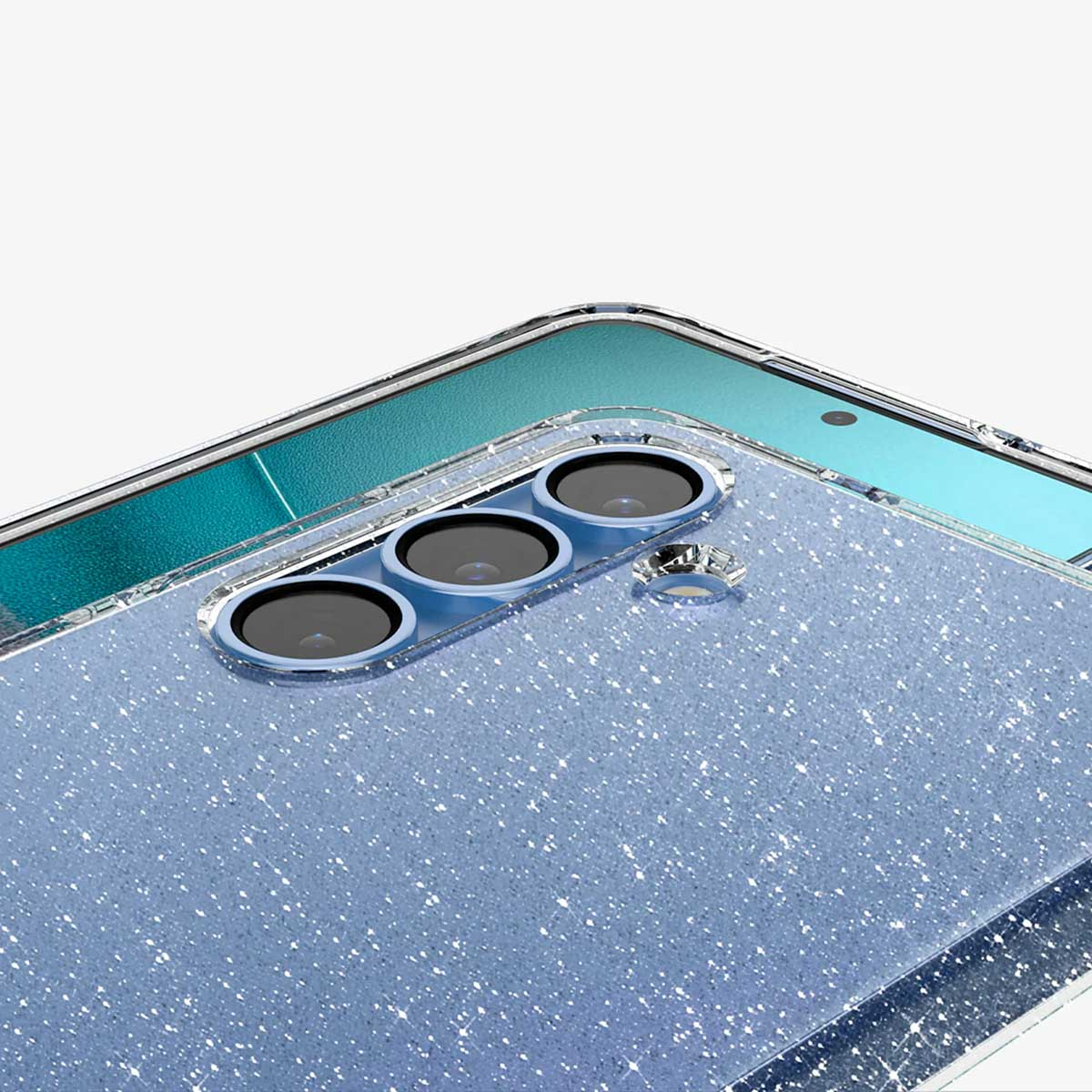Dos de téléphone bleu scintillant avec objectifs. Bord de coque transparent.