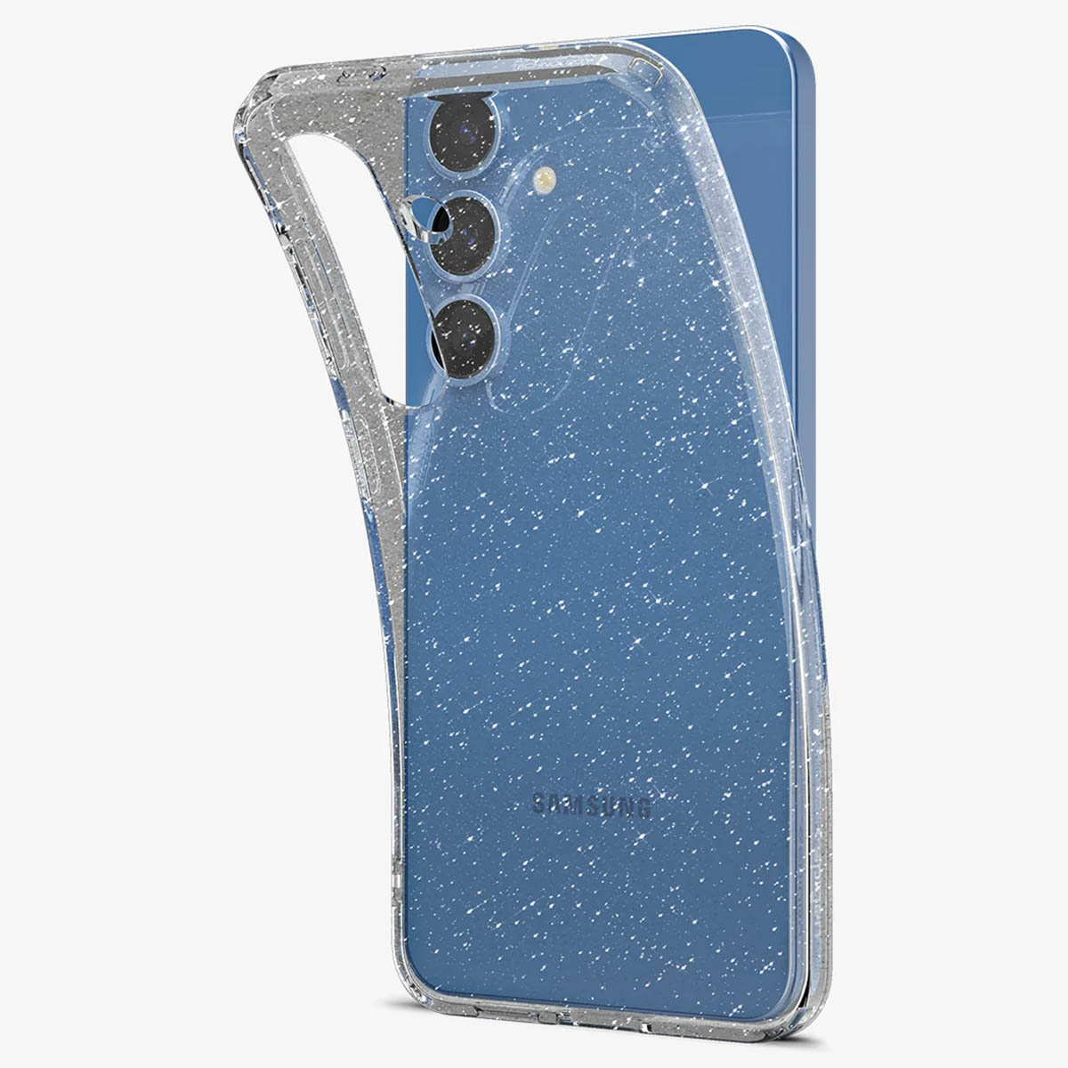 Téléphone dans un étui transparent à paillettes. L'arrière du téléphone est bleu, avec trois caméras visibles.
