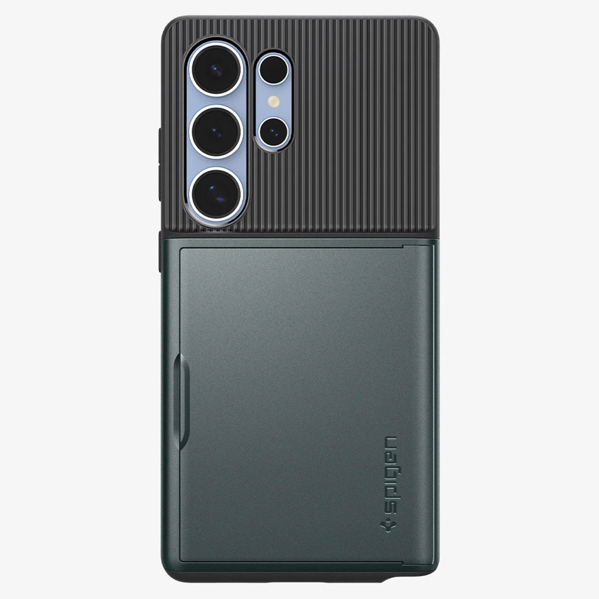 Custodia per telefono con portacarte. Schema di colori grigio scuro e nero. Marca Spigen.