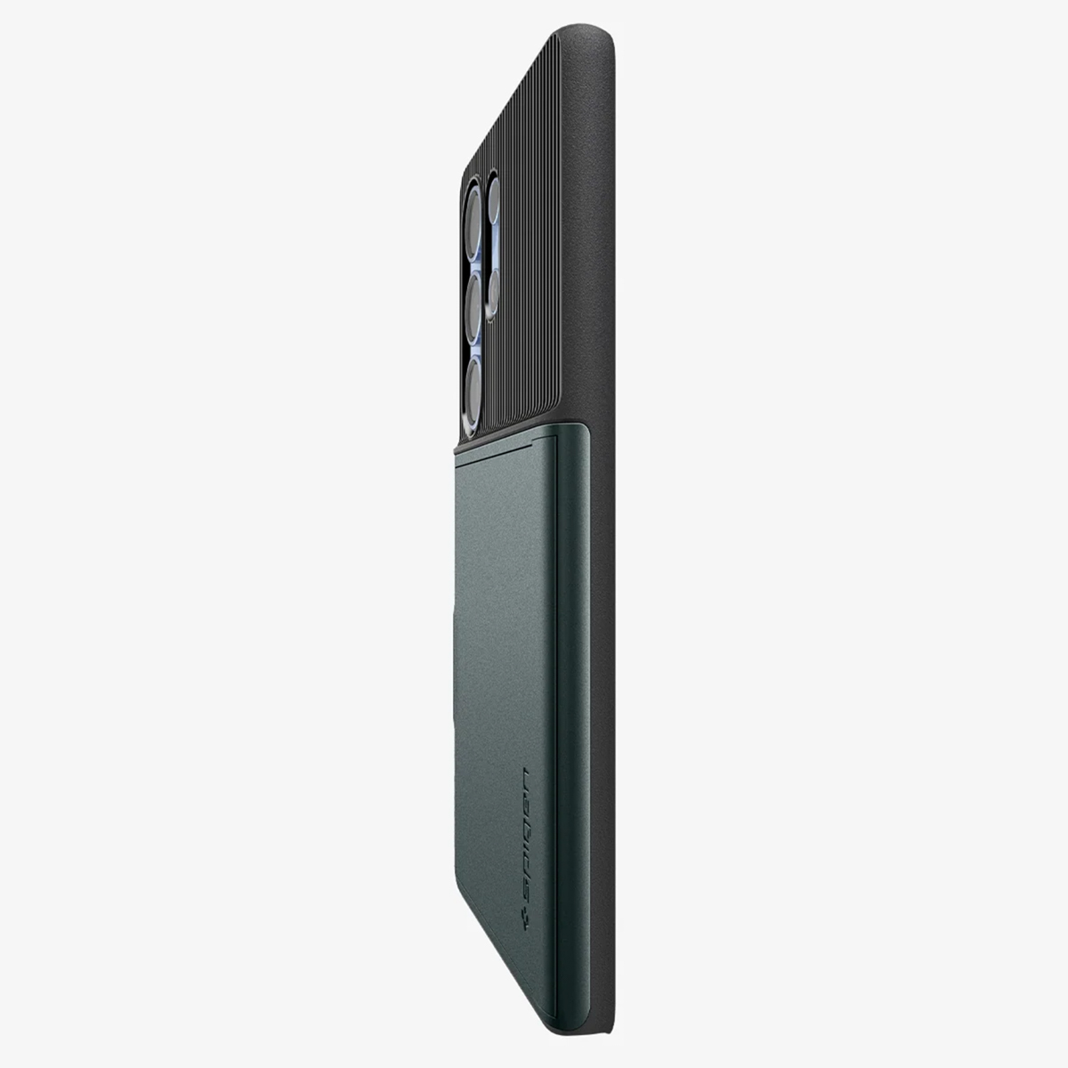 Custodia per telefono con design verde scuro e nero. Vista laterale. Sfondo bianco.