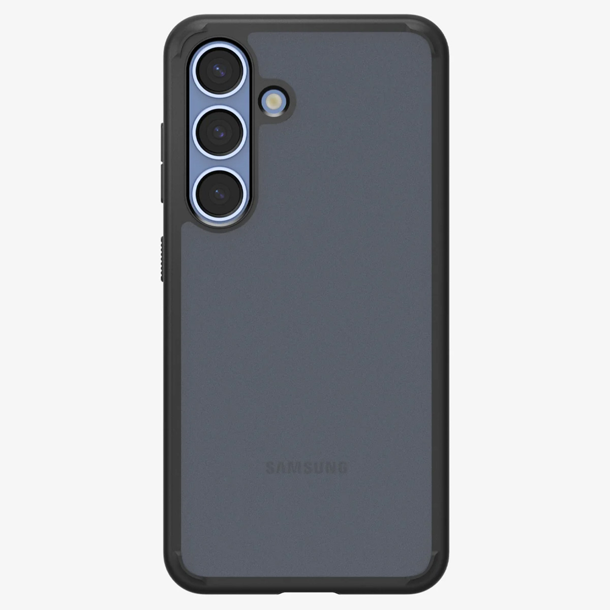 Custodia nera per telefono con tre lenti della fotocamera e logo Samsung. Sfondo bianco.