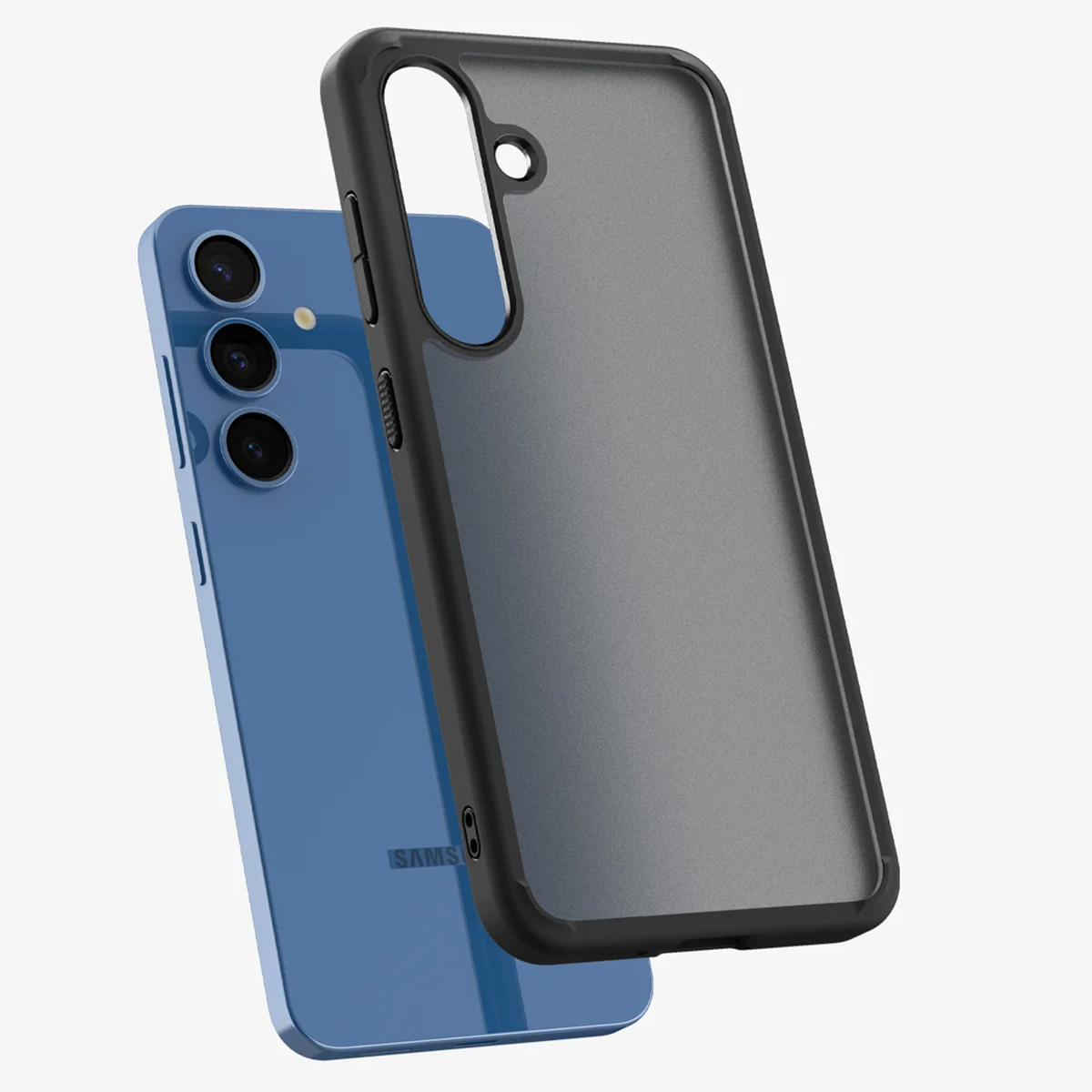 Un telefono blu e una custodia nera sono mostrati, con la custodia leggermente sopra il telefono, contro il bianco.