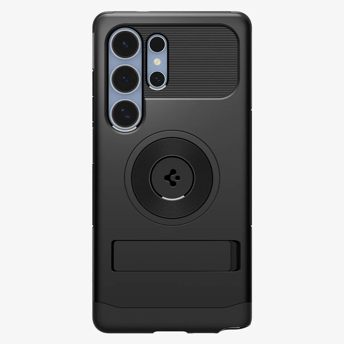 Zwarte telefoonhoes met camera-uitsparingen, ringhouder en standaard. Getextureerde achterkant. Witte achtergrond.