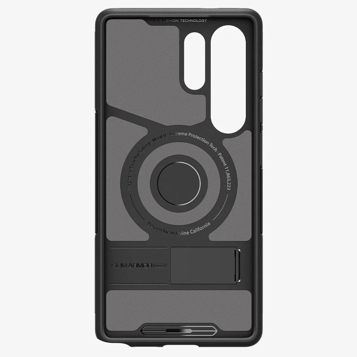 Zwarte telefoonhoes met een standaard en een grijs ontwerp.