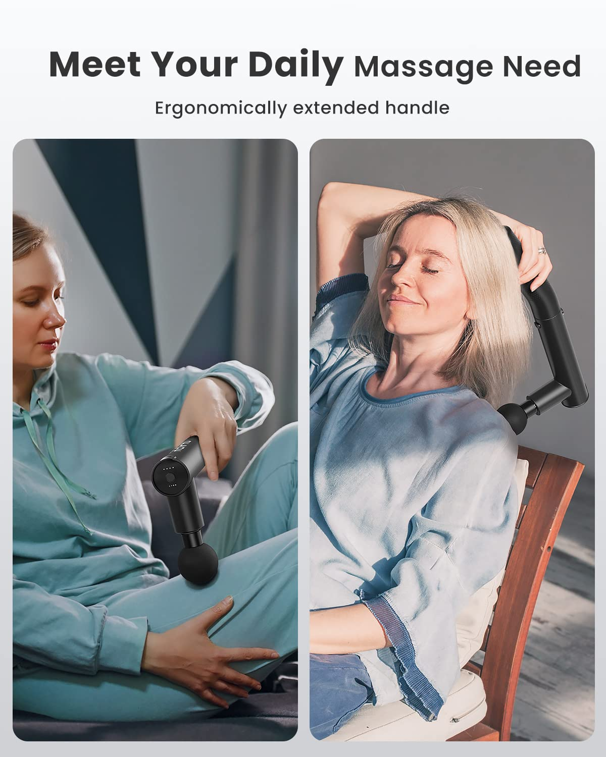 Zwei Frauen benutzen Massagegeräte. Eine auf einer Couch, die andere auf einem Stuhl.