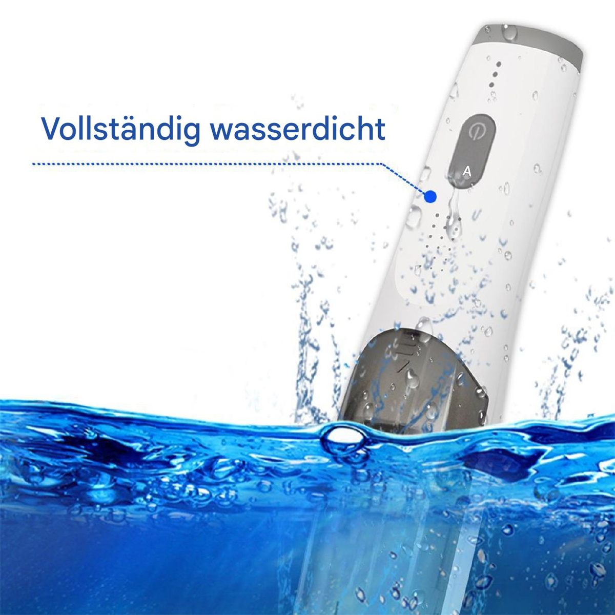 Weißes und graues elektronisches Gerät im Wasser. Blauer Wasserhintergrund.