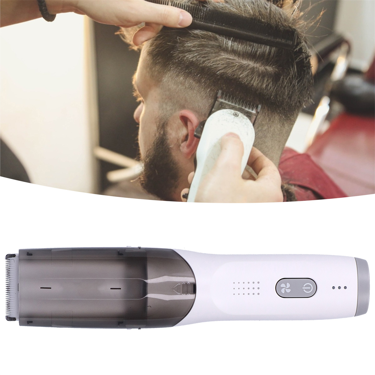 Eine Person schneidet einem Mann die Haare mit einem Haarschneider. Der Clipper ist weiß.