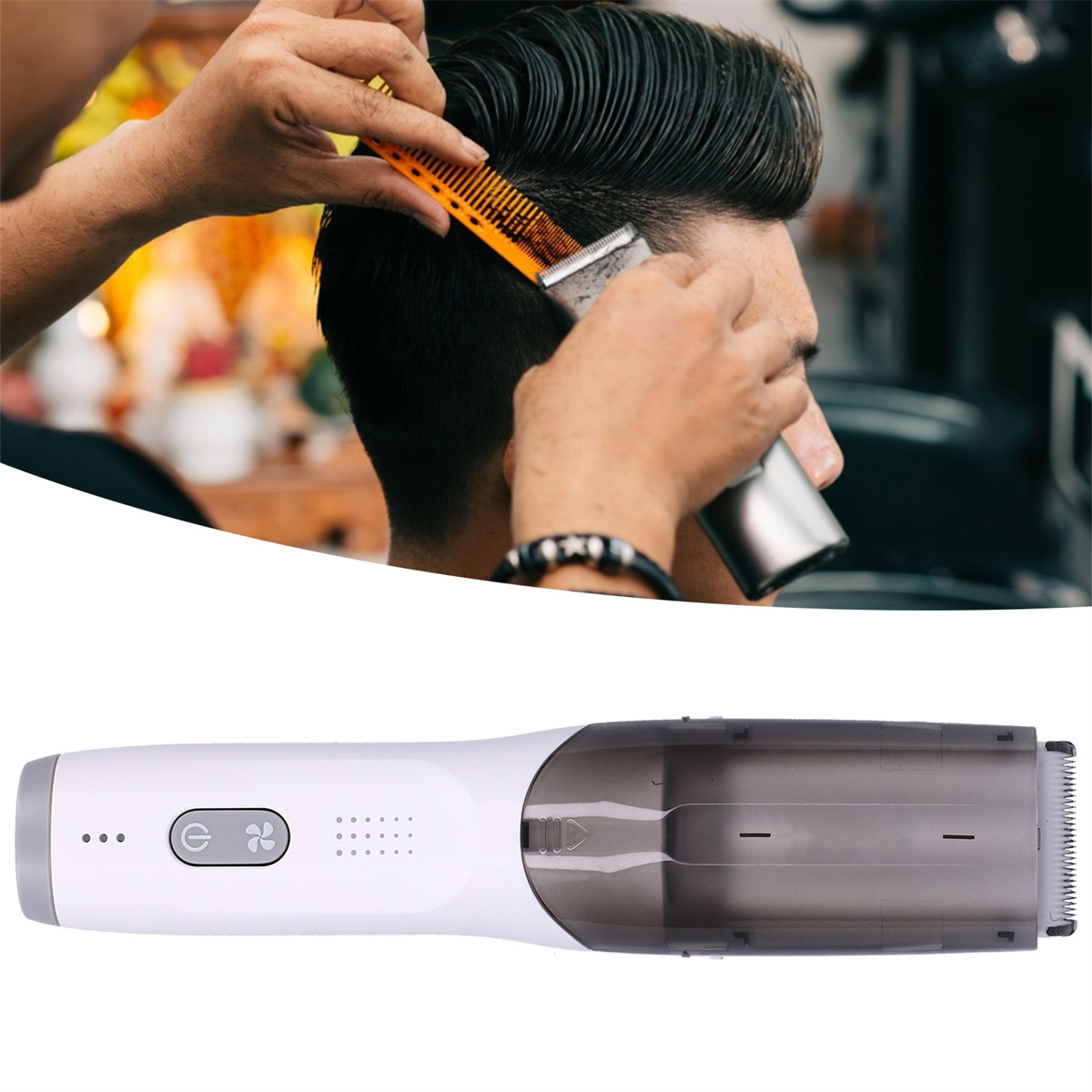Haarschnitt in Arbeit. Kamm und Haarschneider werden verwendet. Weißer Hintergrund.