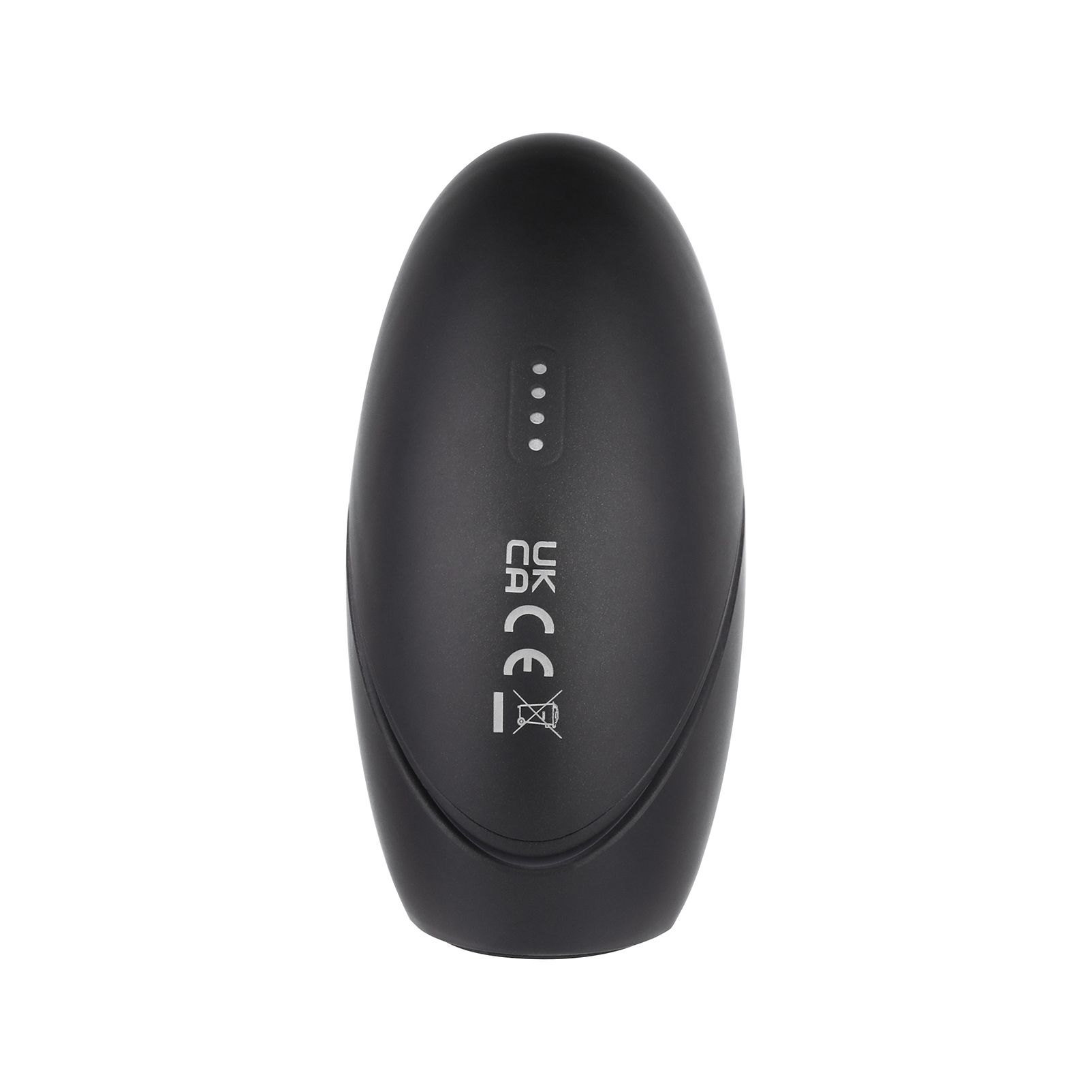 Czarne, owalne urządzenie ze znakiem CE. Cztery białe kropki u góry. Logo UKCA.