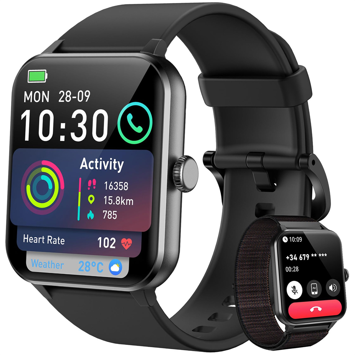 Smartwatch mit einem Bildschirm, der Informationen anzeigt, und einem kleineren. Schwarzes Armband. Weißer Hintergrund.