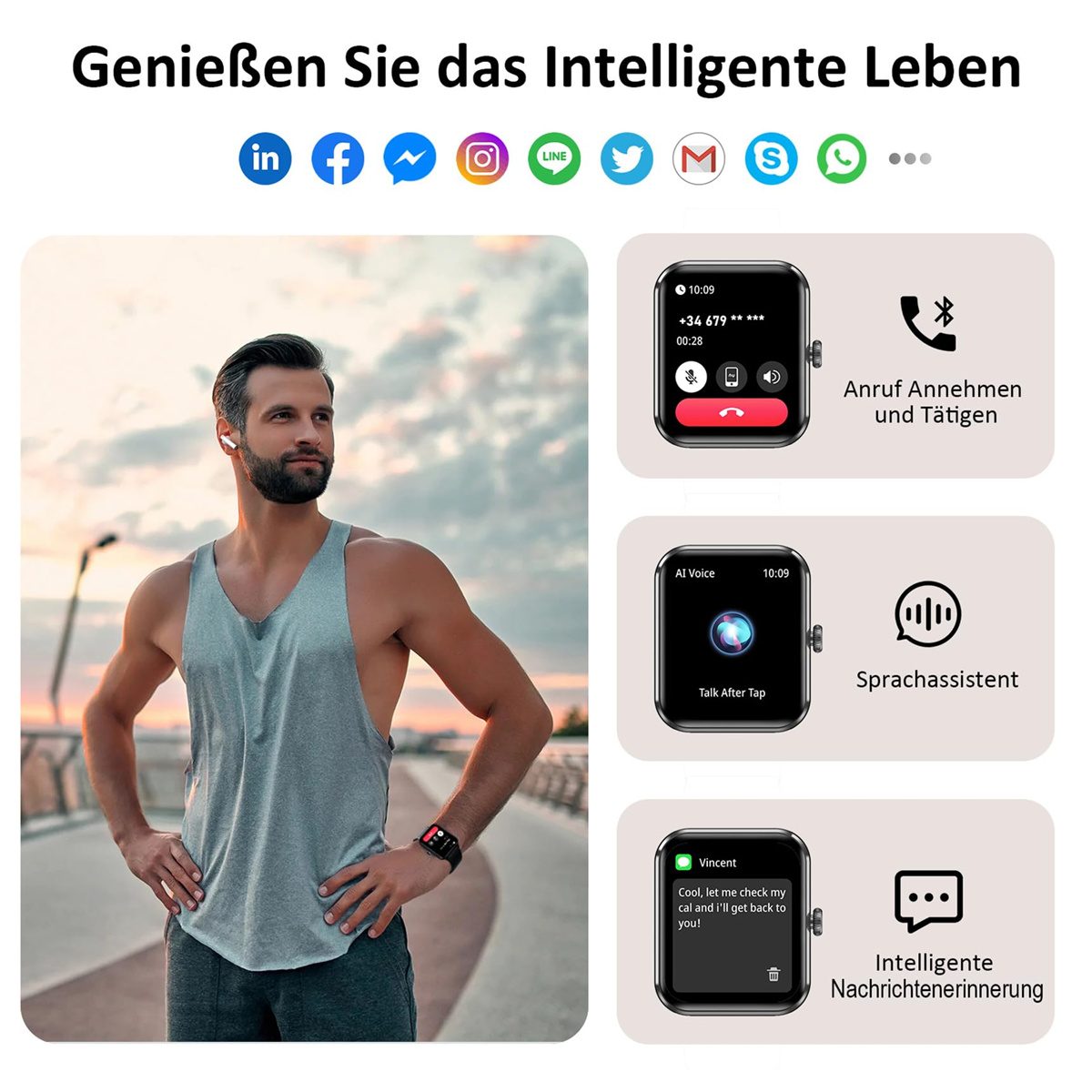 Mann im Tanktop mit Smartwatch, Bildschirm zeigt Anrufe, Sprachassistent und Nachrichten.