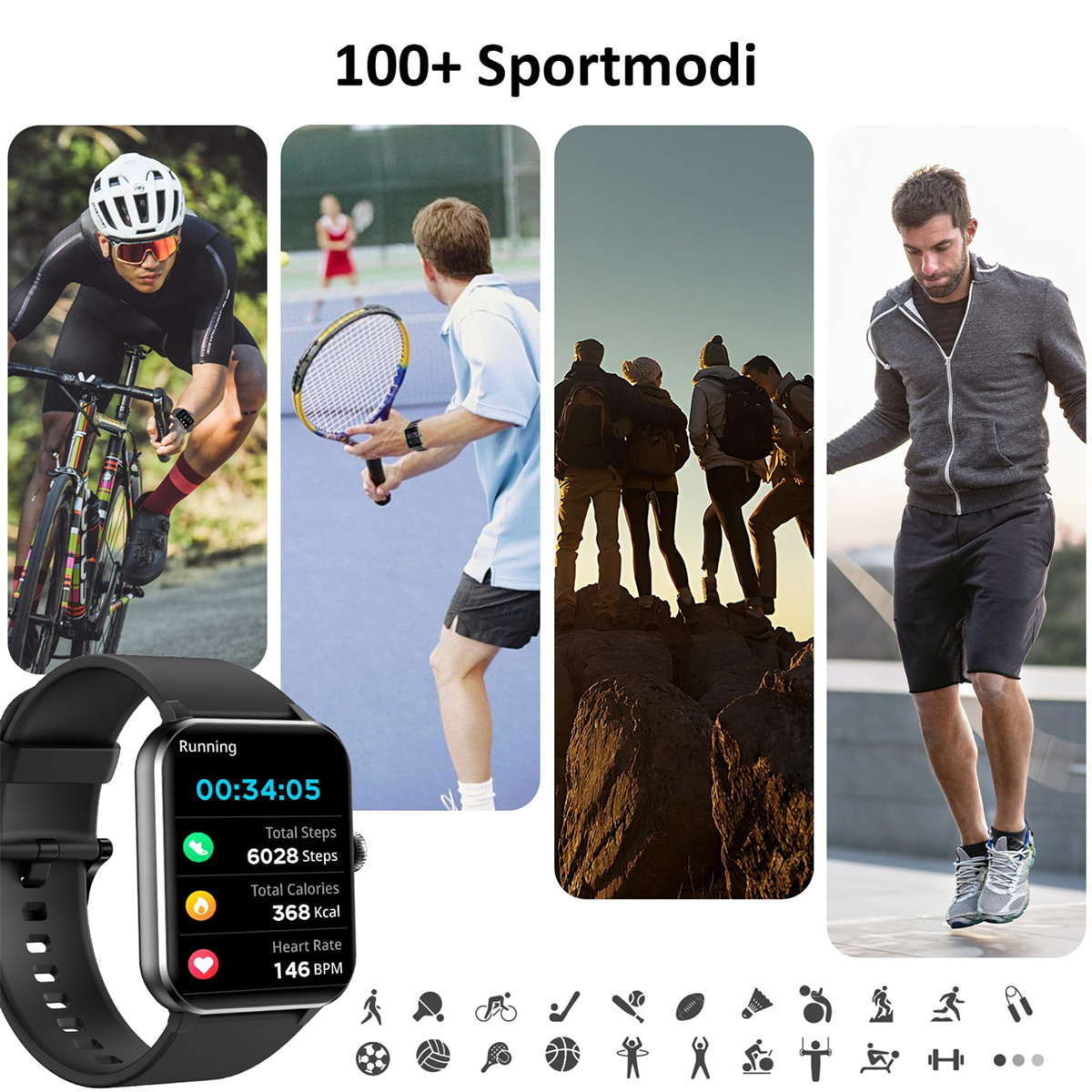 Eine Smartwatch, die Sportdaten anzeigt, und Bilder von Menschen, die Sportarten wie Laufen, Tennis und Wandern ausüben.