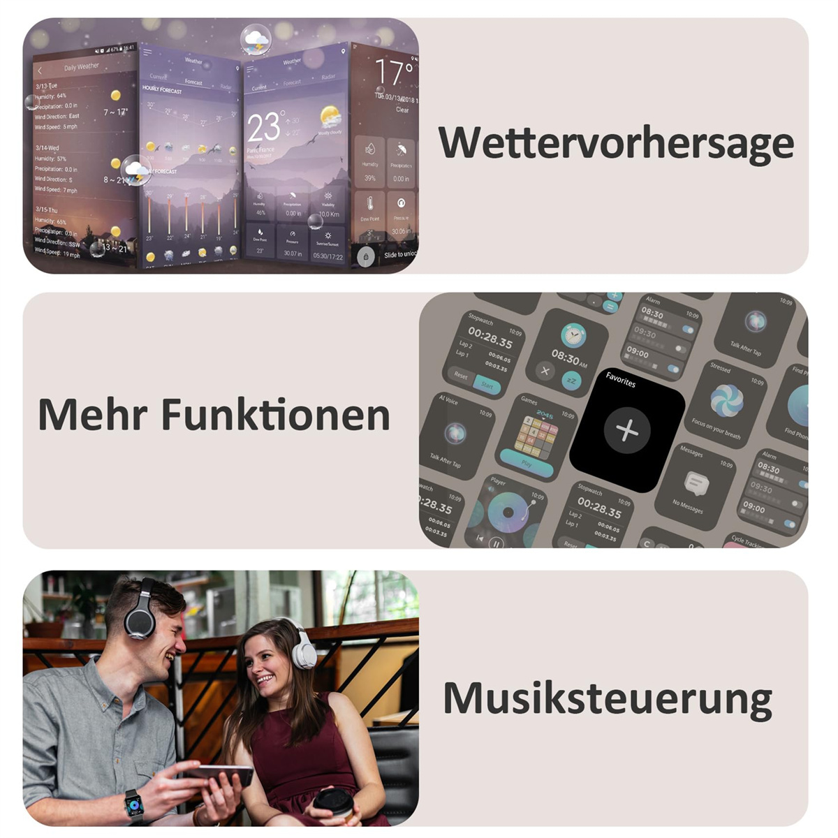 Bildschirme mit Wetter, mehr Funktionen und Musiksteuerung. Personen im Bild. Heller Hintergrund.