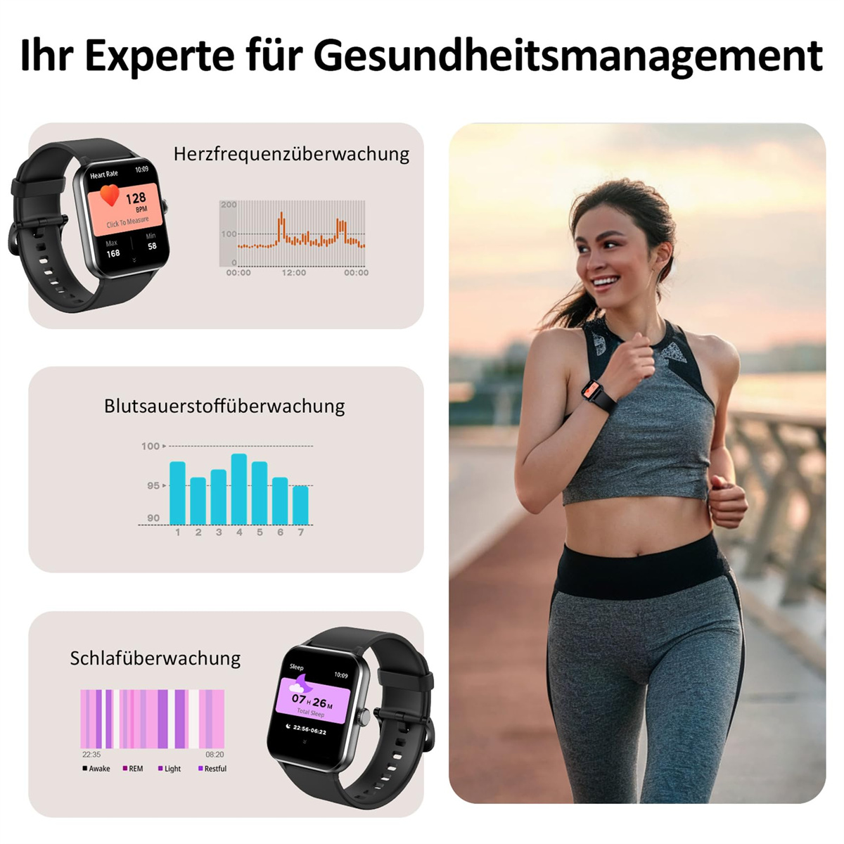 Frau trägt Smartwatch. Zeigt Herzfrequenz, Blutsauerstoff und Schlafdaten. Sie joggt.