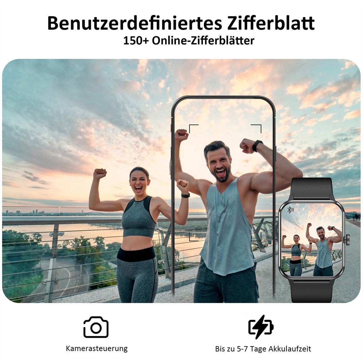 Zwei Personen feiern mit erhobenen Armen. Eine Smartwatch wird auf der rechten Seite angezeigt.