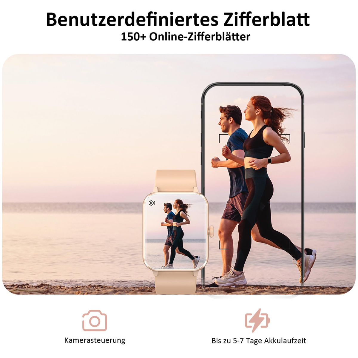 Smartwatch mit Bild von Läufern. Telefon zeigt sie. Symbole für Kamera und Akkulaufzeit werden angezeigt.