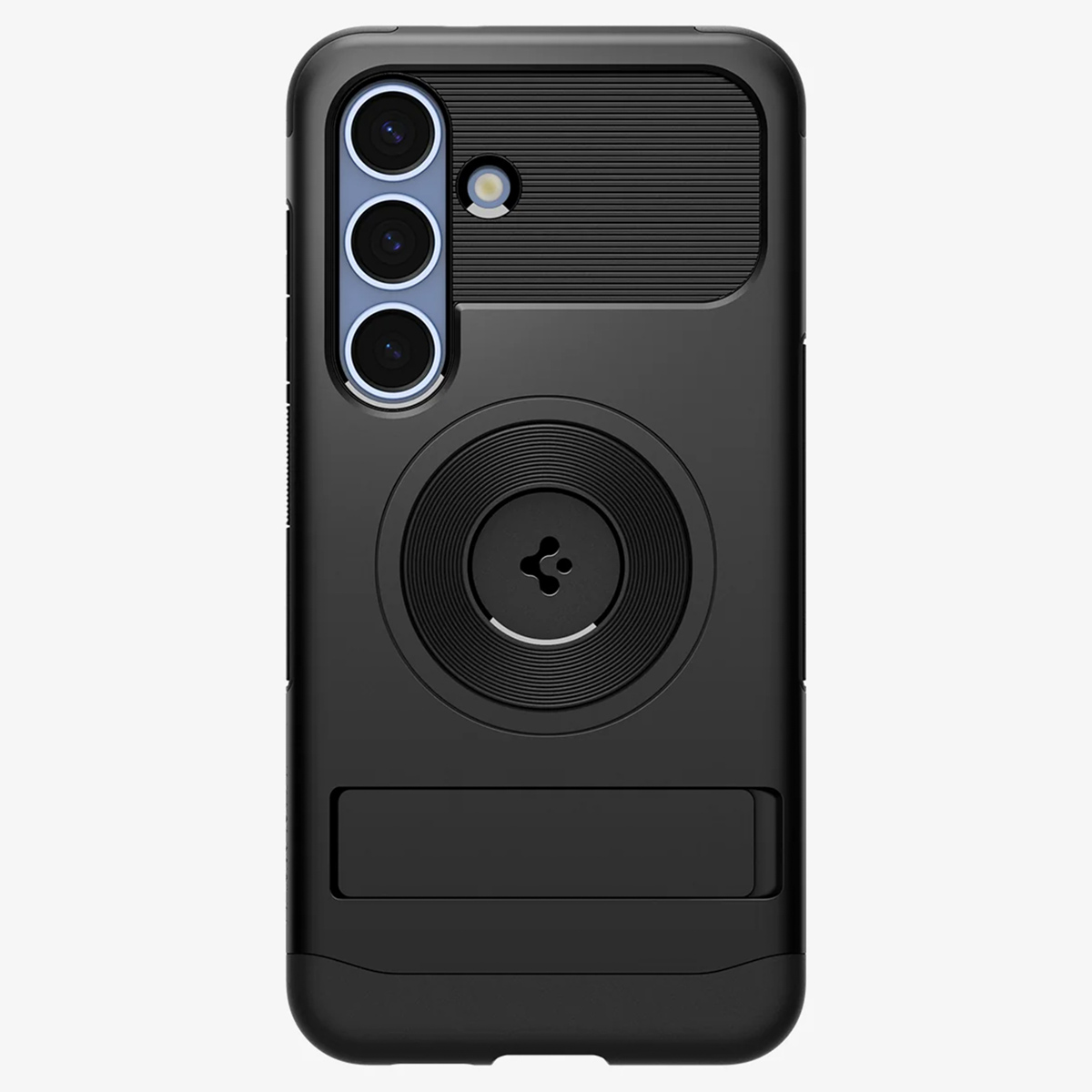 Coque de téléphone noire avec cache caméra et support. La coque est sur une surface blanche.