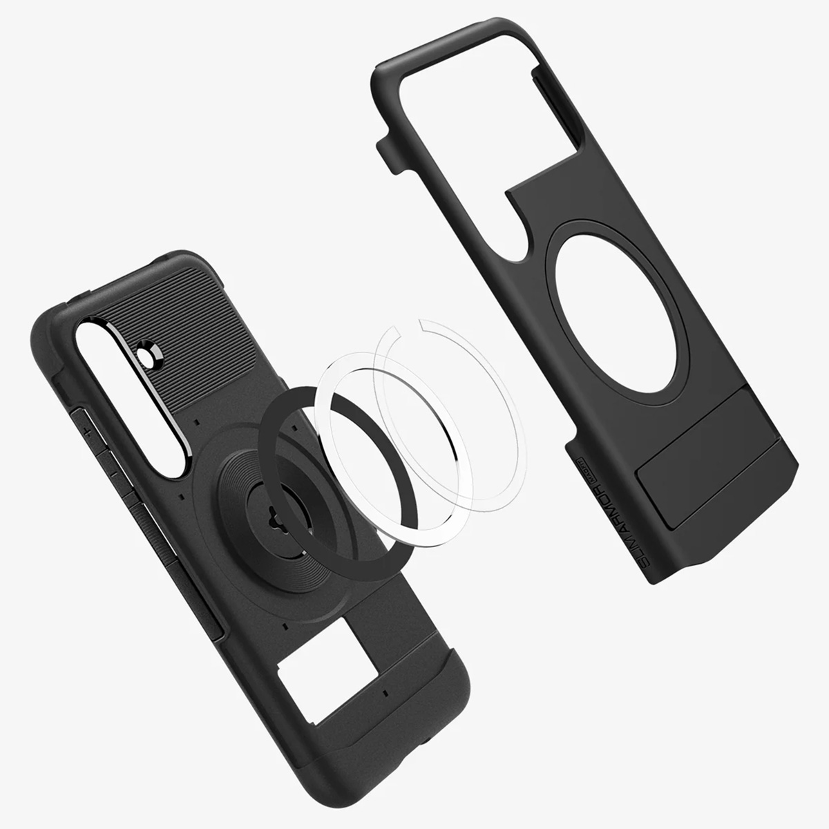 Une coque de téléphone noire en deux parties avec un anneau magnétique. La coque est détachée, prête à l'emploi.