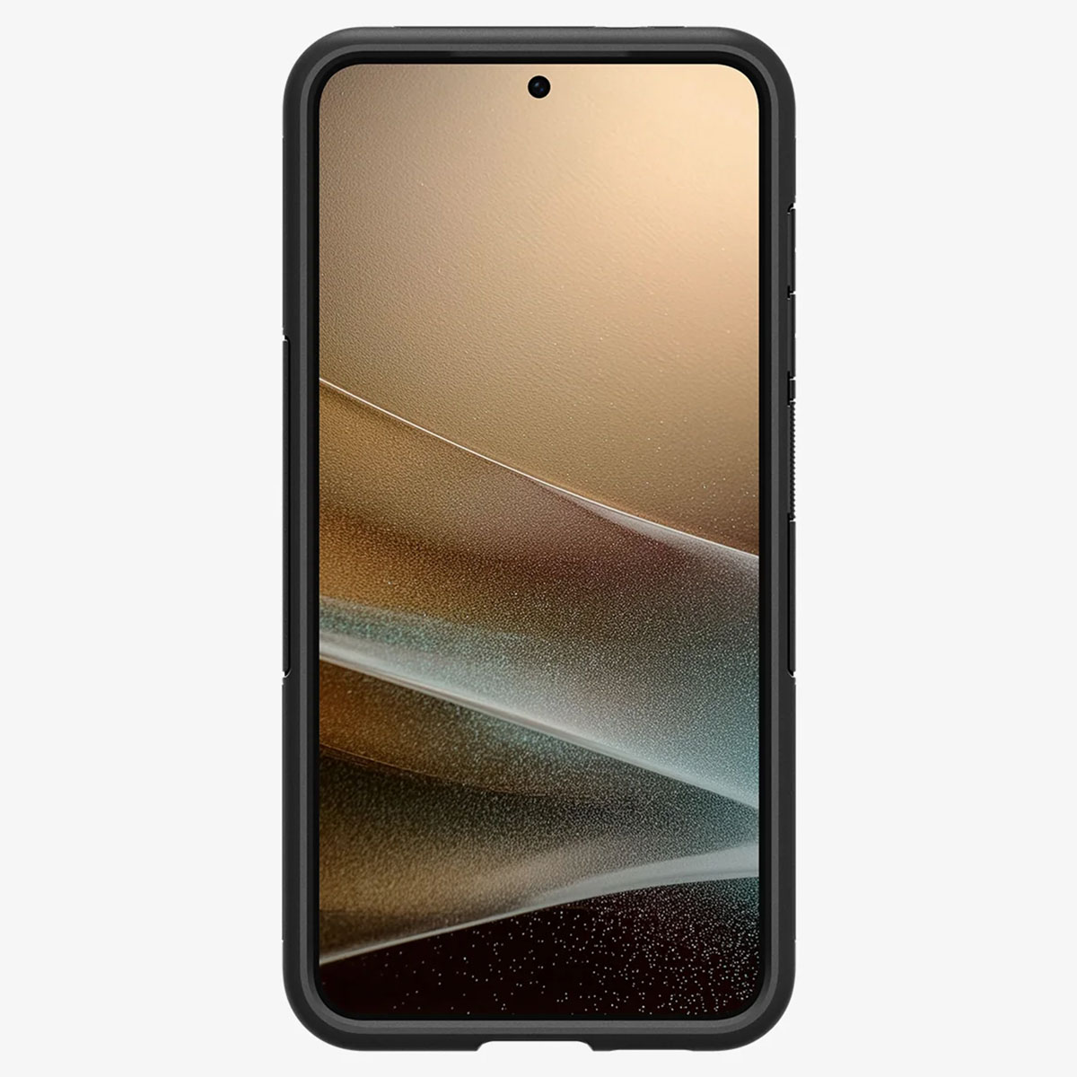 Téléphone dans un étui noir. L'écran affiche un dégradé doré. Cadre noir.