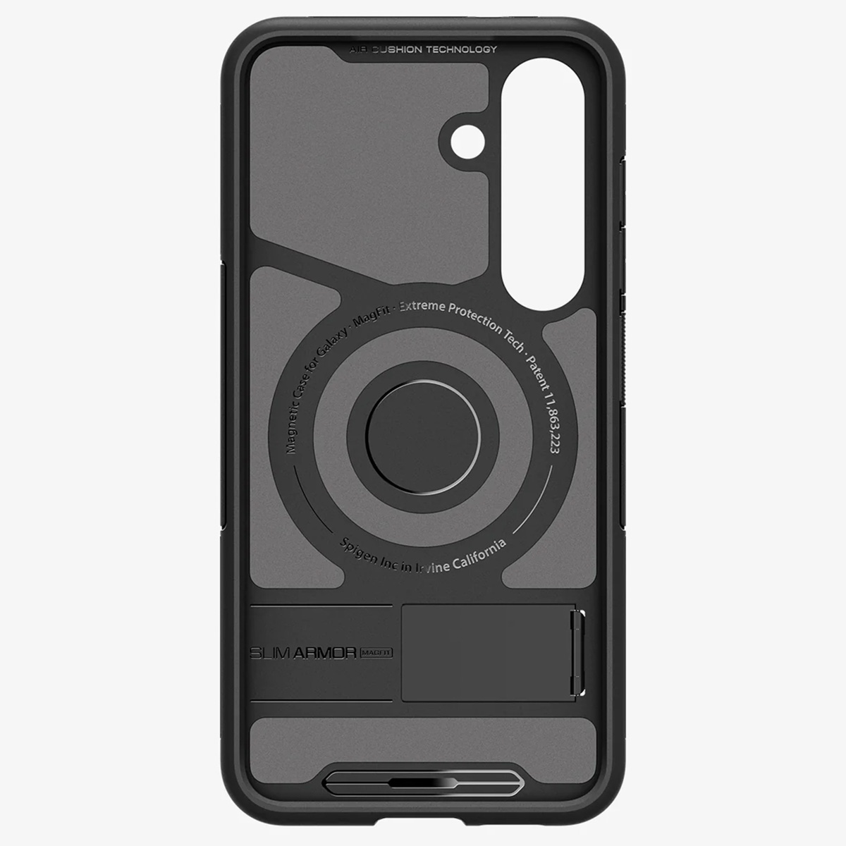 Intérieur de coque de téléphone noire avec anneau, béquille et texte. Code couleur gris et noir. Fond blanc.