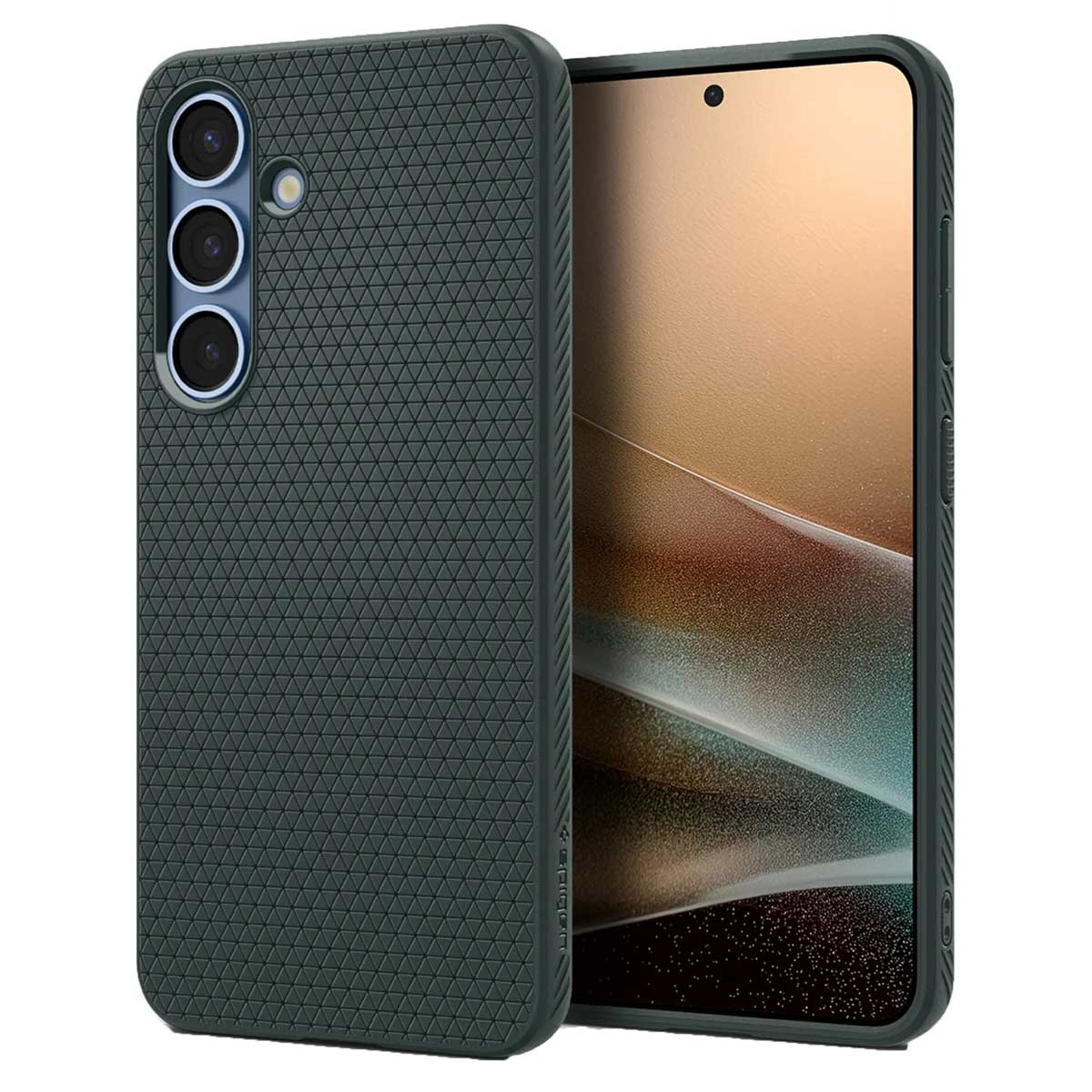 Een donkergroene telefoonhoes met een textuurpatroon en een telefoon erin.