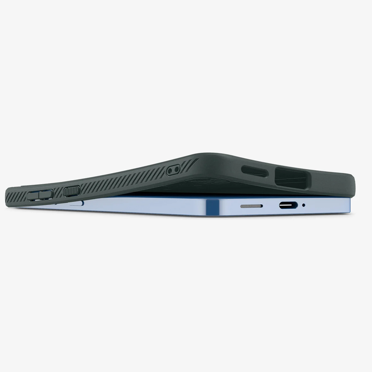 Donkere telefoonhoes op een blauwe telefoon. Toont de zijkant en de achterkant.
