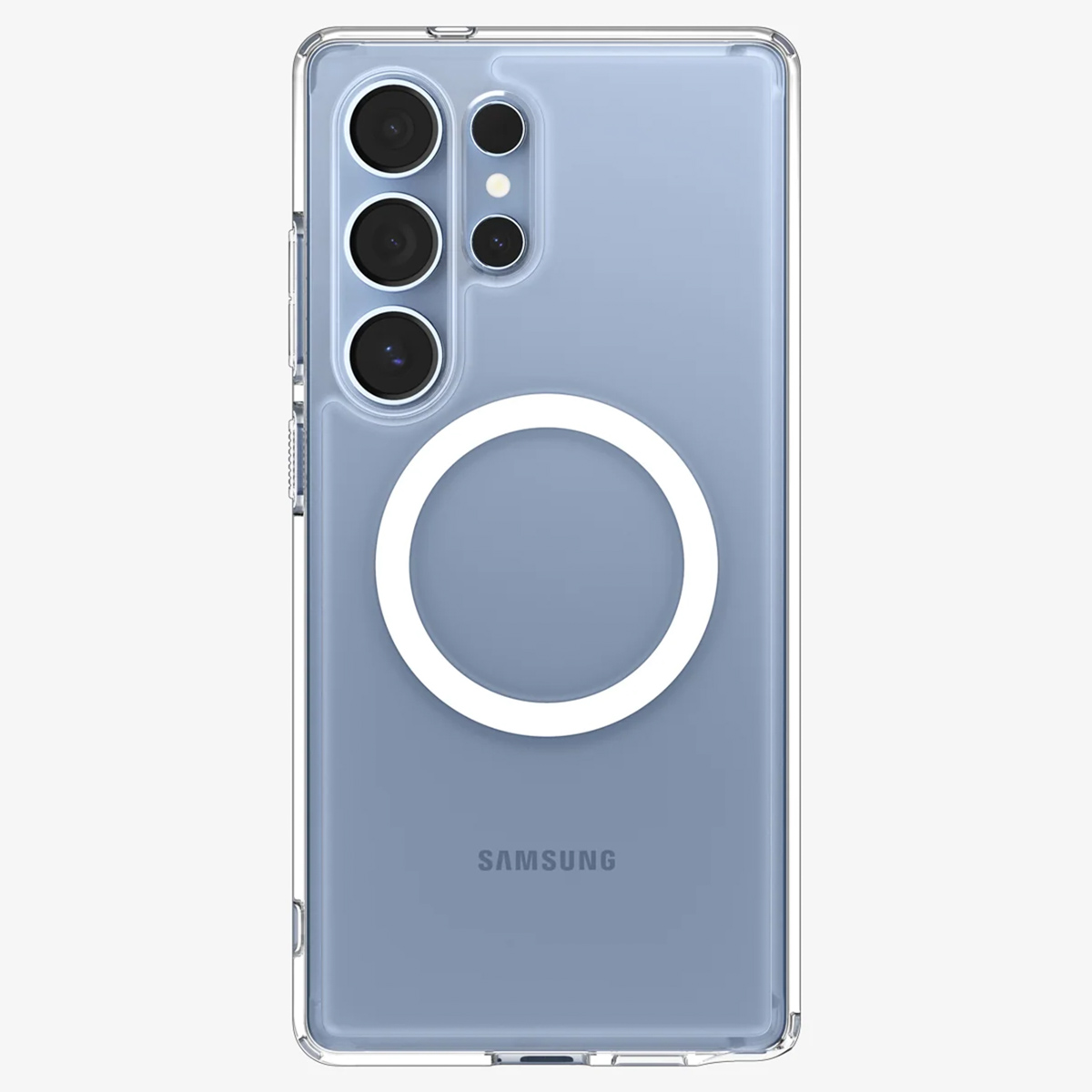 Transparante telefoonhoes op lichtblauwe telefoon. Witte ring in het midden. Samsung logo onderaan.